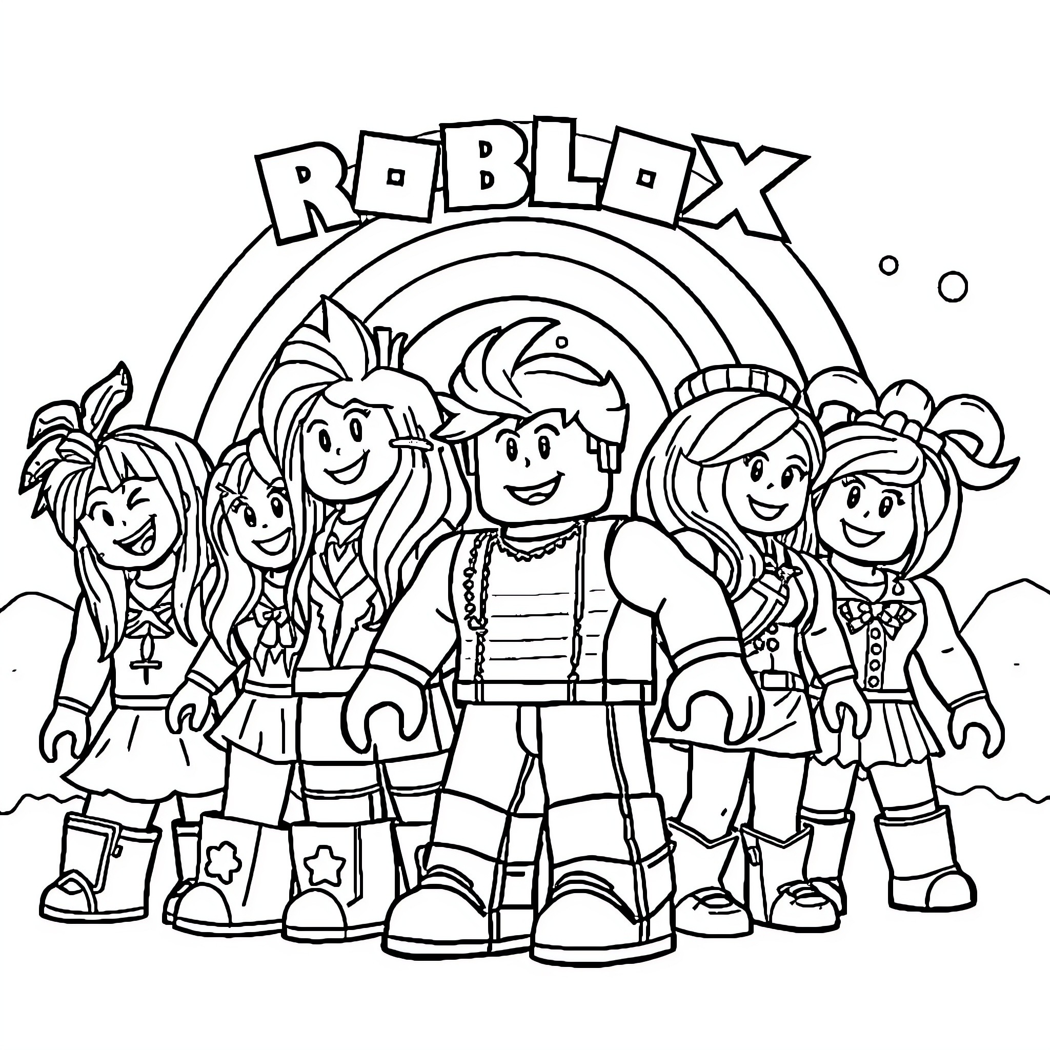 Roblox Rainbow Friends posing together happily Coloring Page (free black-and-white line drawing printable PDF for all, from beginners to advanced learners, including children, teens, adults, and seniors)