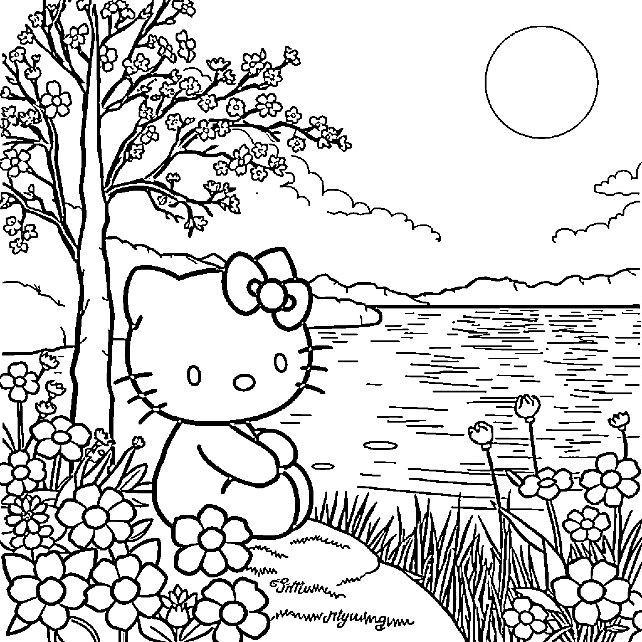 Hello Kitty enjoying a sunny day by the lakeside Coloring Page (free black-and-white line drawing printable PDF for all, from beginners to advanced learners, including children, teens, adults, and seniors)