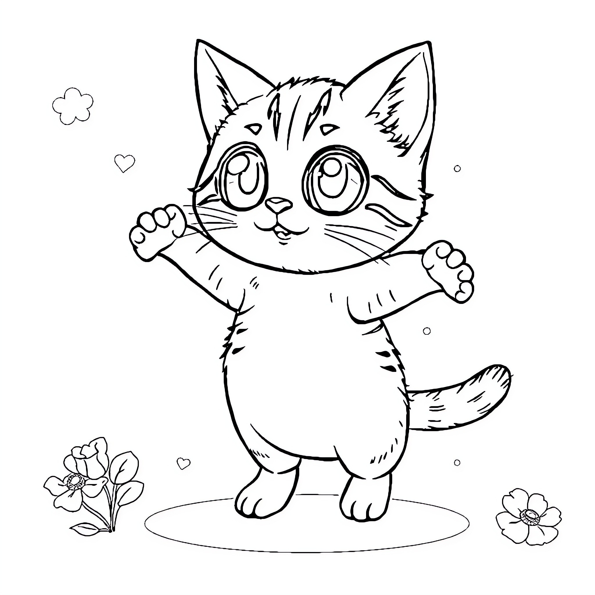 Cat waving paws cheerfully with flowers Coloring Page (free black-and-white line drawing printable PDF for all, from beginners to advanced learners, including children, teens, adults, and seniors)