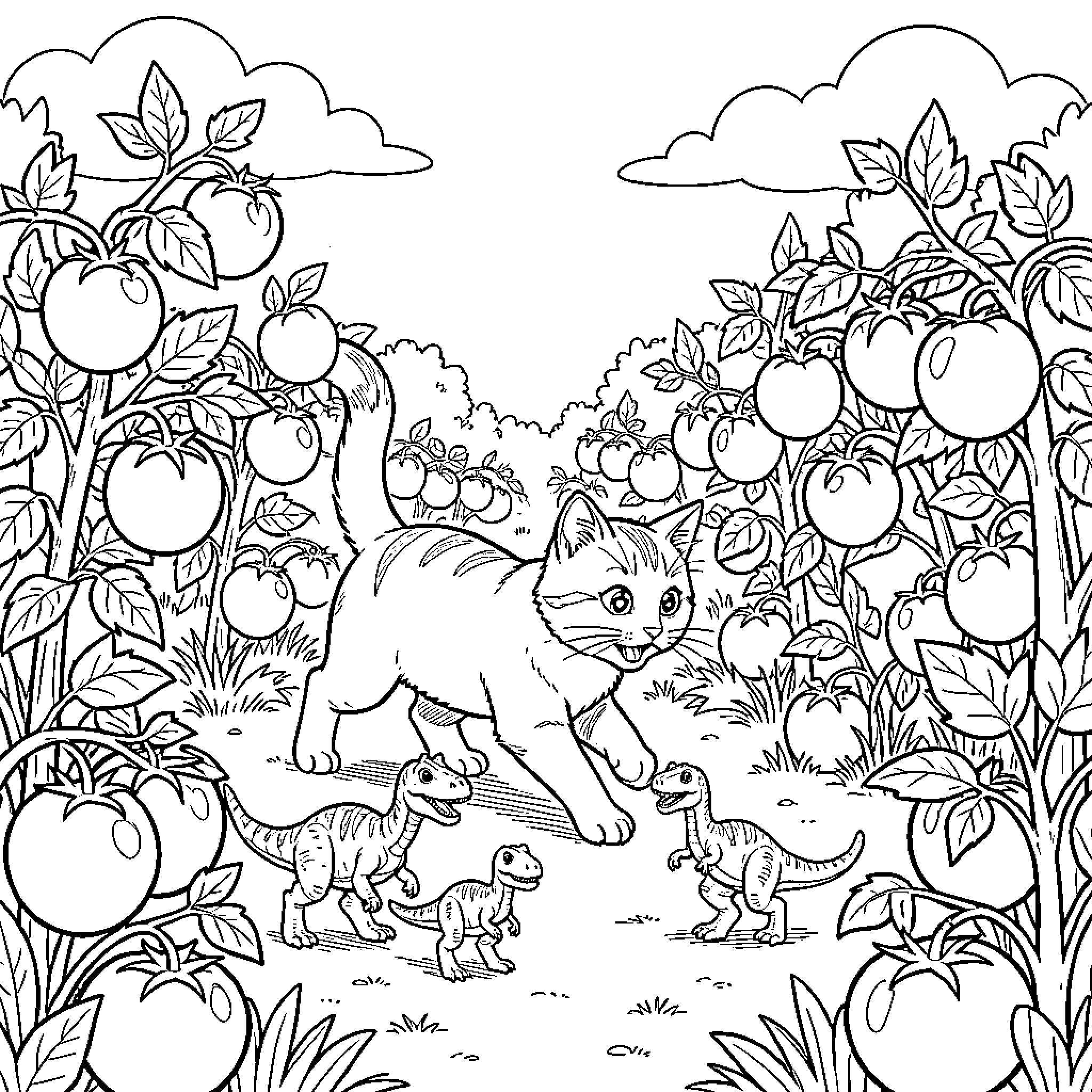 Cat exploring nature's bounty Coloring Page (free black-and-white line drawing printable PDF for all, from beginners to advanced learners, including children, teens, adults, and seniors)