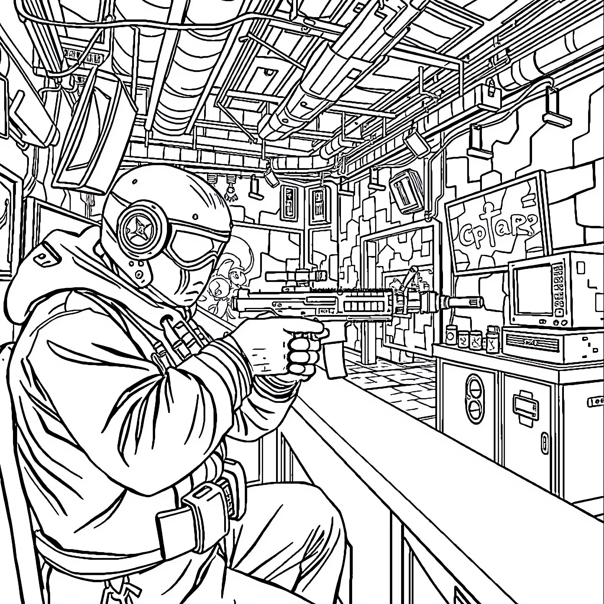 Mordekai's Futuristic Workshop Exploration Coloring Page (free black-and-white line drawing printable PDF for all, from beginners to advanced learners, including children, teens, adults, and seniors)