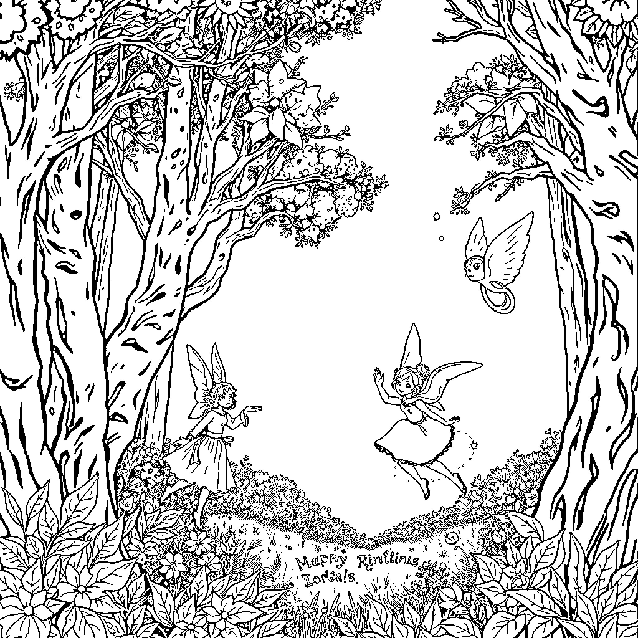 Ring of Fairy Friends in the Enchanted Forest Coloring Page (free black-and-white line drawing printable PDF for all, from beginners to advanced learners, including children, teens, adults, and seniors)
