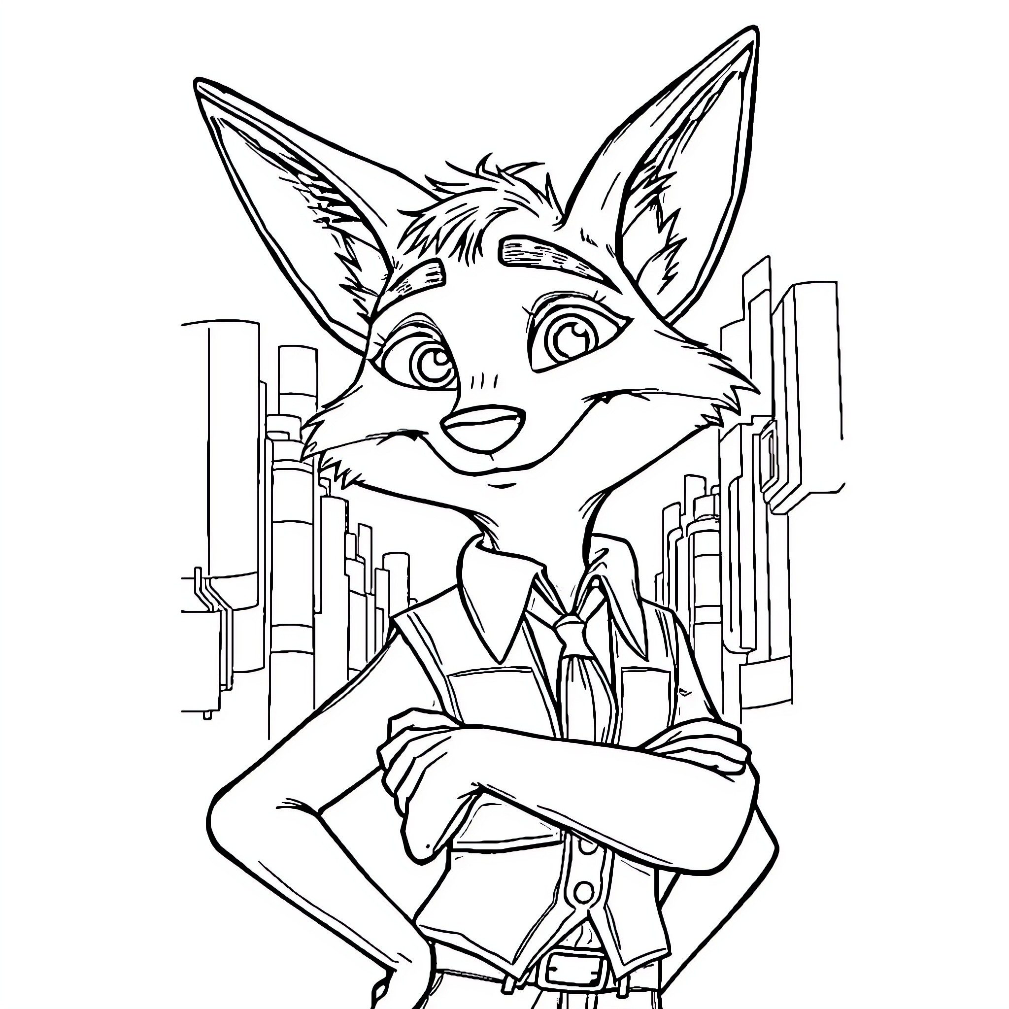 Nick the Playful Fox in the City Coloring Page (free black-and-white line drawing printable PDF for all, from beginners to advanced learners, including children, teens, adults, and seniors)
