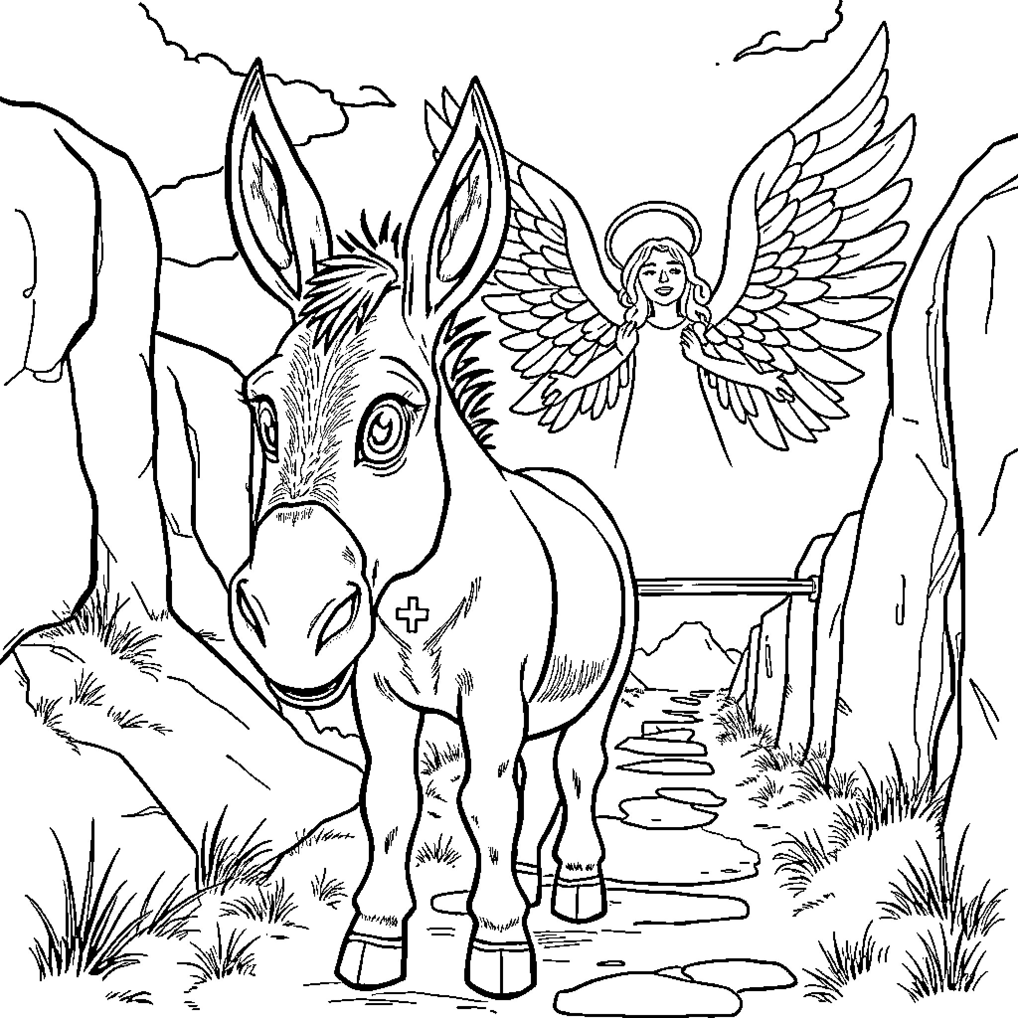 Donkey with angelic wings in a fantastical landscape Coloring Page (free black-and-white line drawing printable PDF for all, from beginners to advanced learners, including children, teens, adults, and seniors)