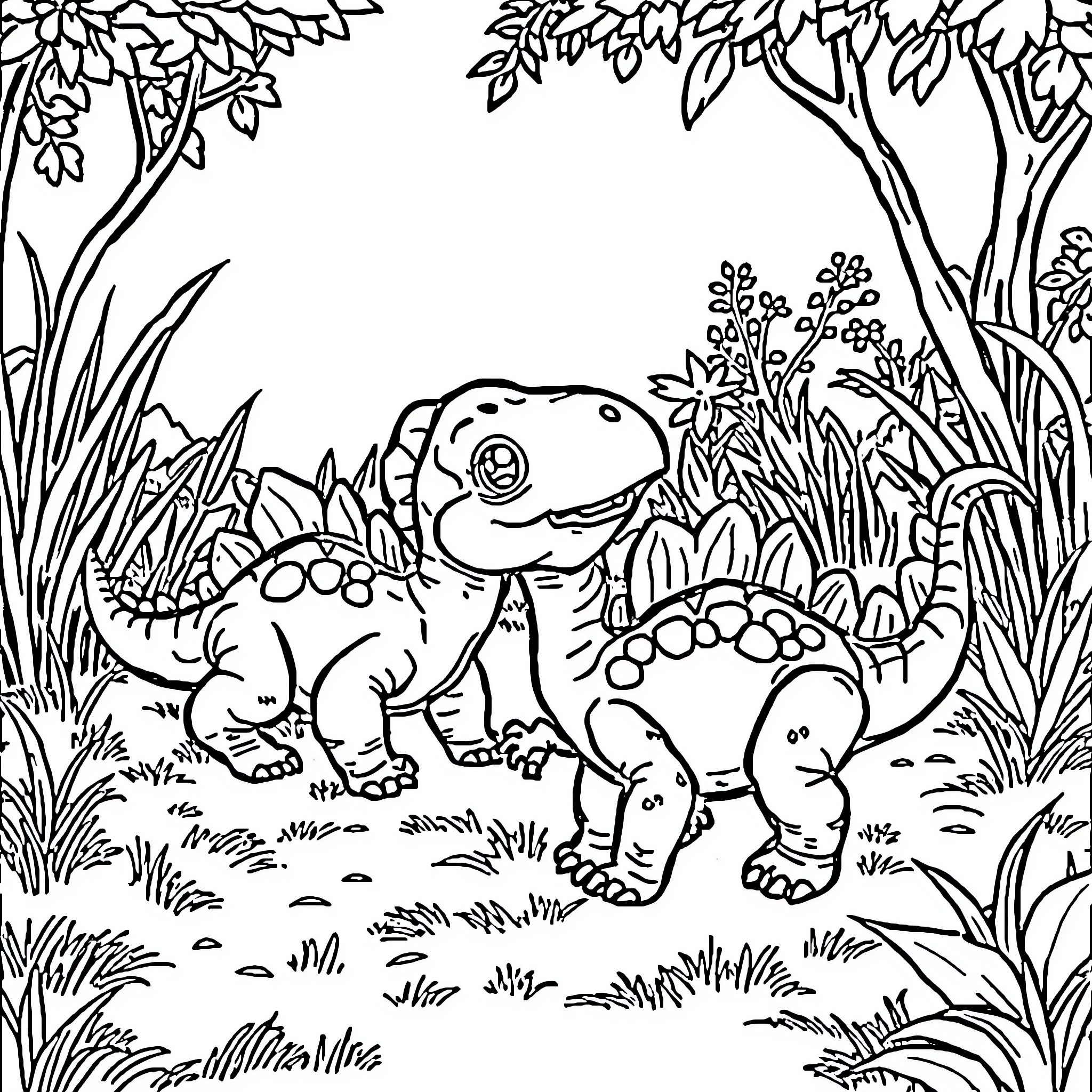 Dinosaurs exploring the lush forest habitat Coloring Page (free black-and-white line drawing printable PDF for all, from beginners to advanced learners, including children, teens, adults, and seniors)