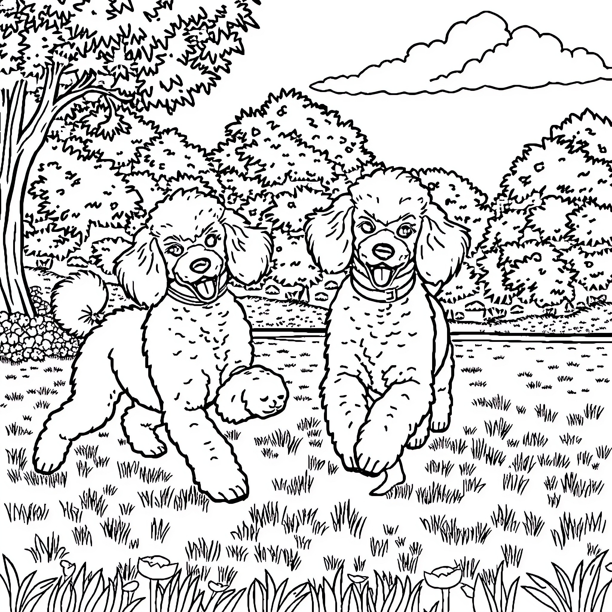 Poodle Pals Frolicking in the Lush Outdoors Coloring Page (free black-and-white line drawing printable PDF for all, from beginners to advanced learners, including children, teens, adults, and seniors)
