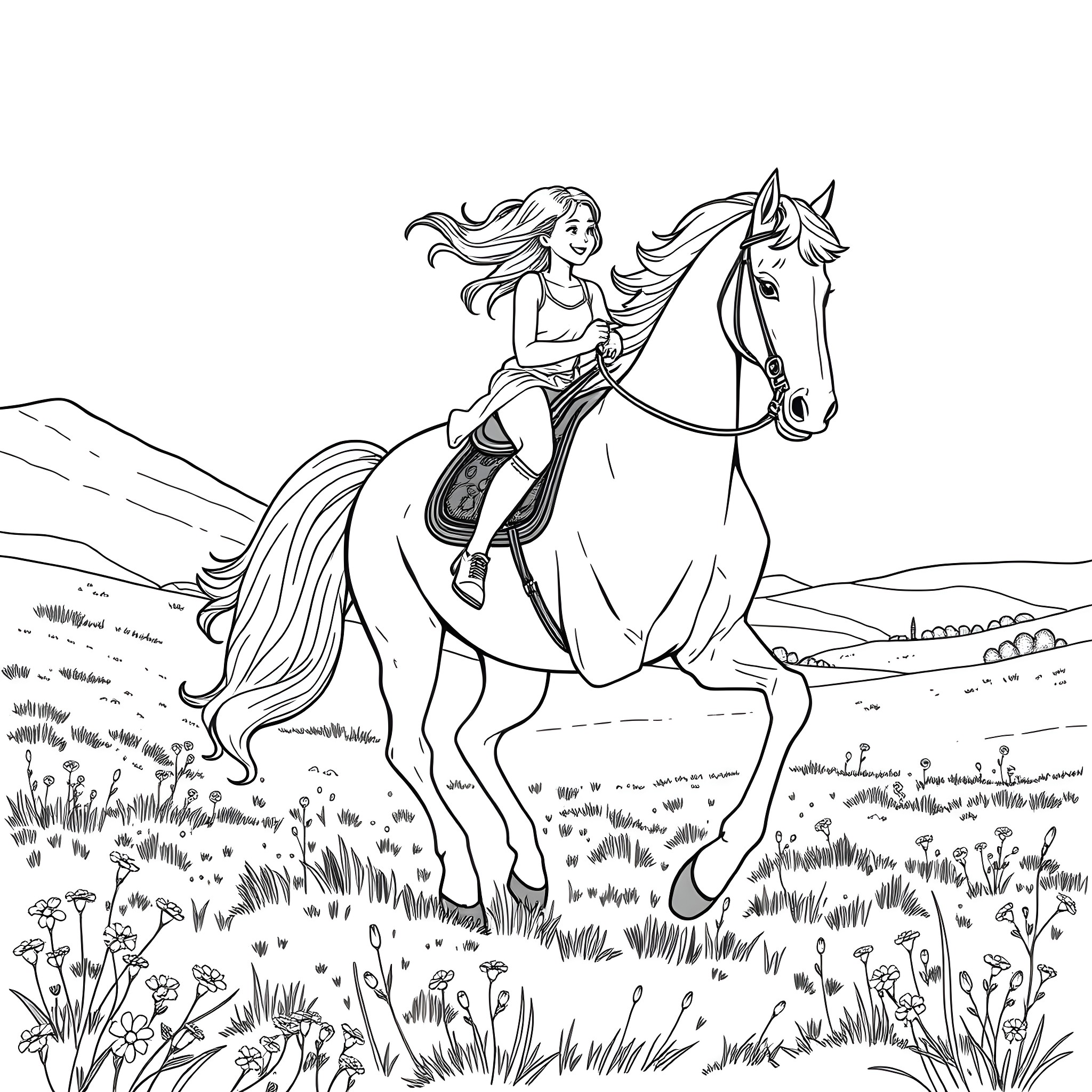 Teen Girl Riding Gracefully on Elegant Horse Coloring Page (free black-and-white line drawing printable PDF for all, from beginners to advanced learners, including children, teens, adults, and seniors)