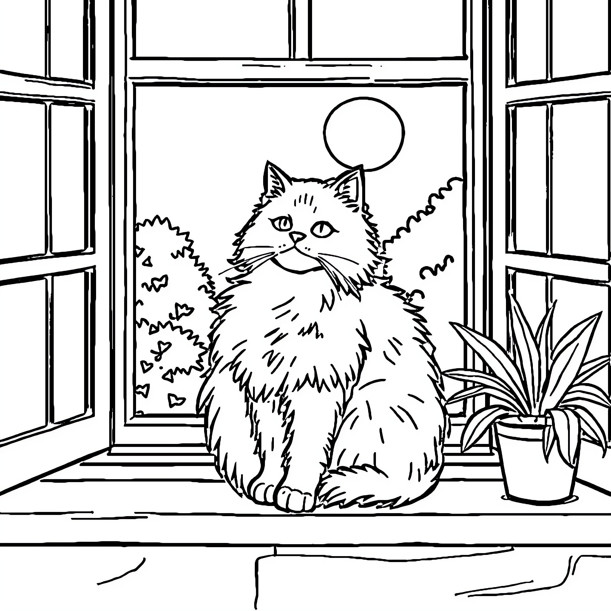 Cat sitting by the window Coloring Page (free black-and-white line drawing printable PDF for all, from beginners to advanced learners, including children, teens, adults, and seniors)