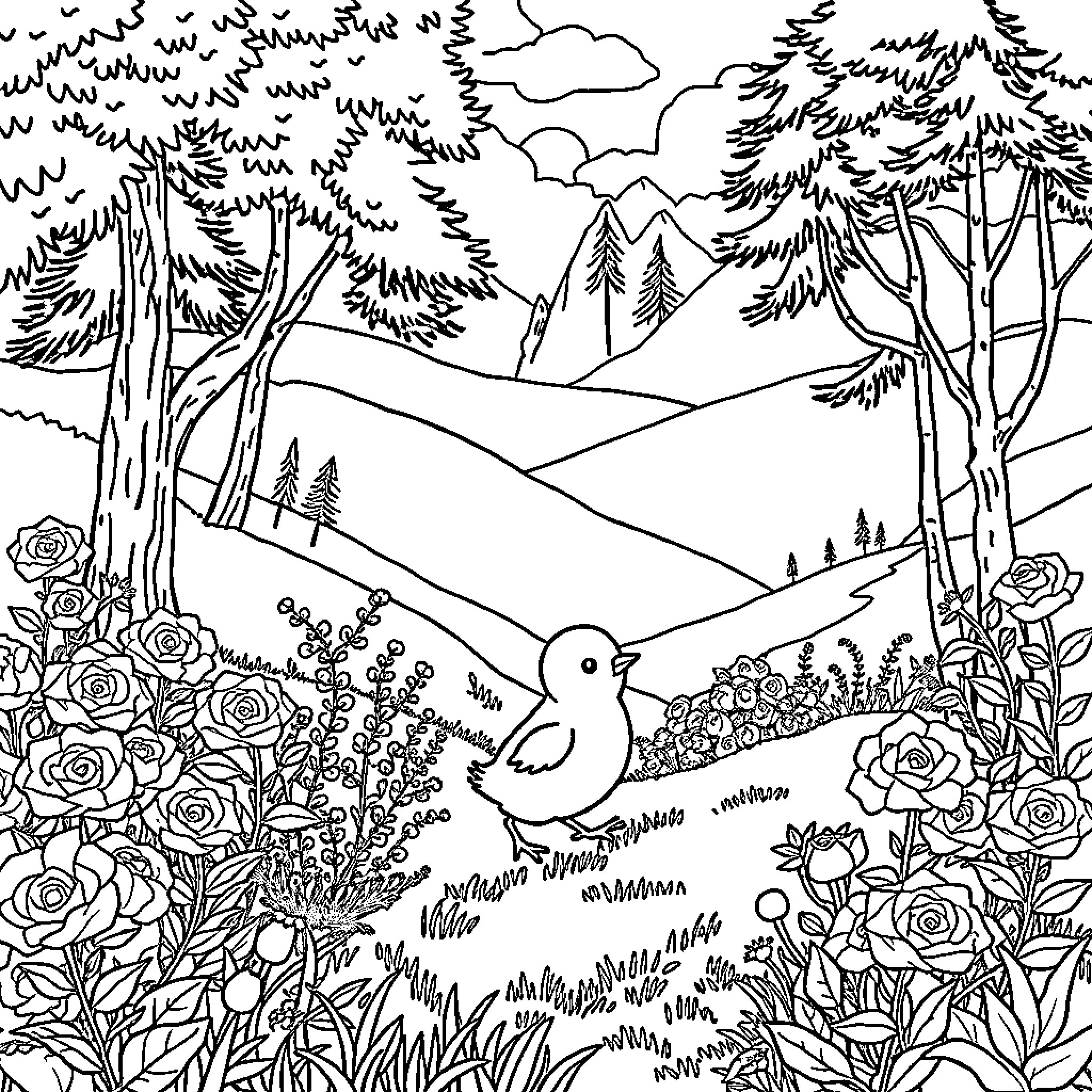 Chick in a Whimsical Forest Landscape Coloring Page (free black-and-white line drawing printable PDF for all, from beginners to advanced learners, including children, teens, adults, and seniors)