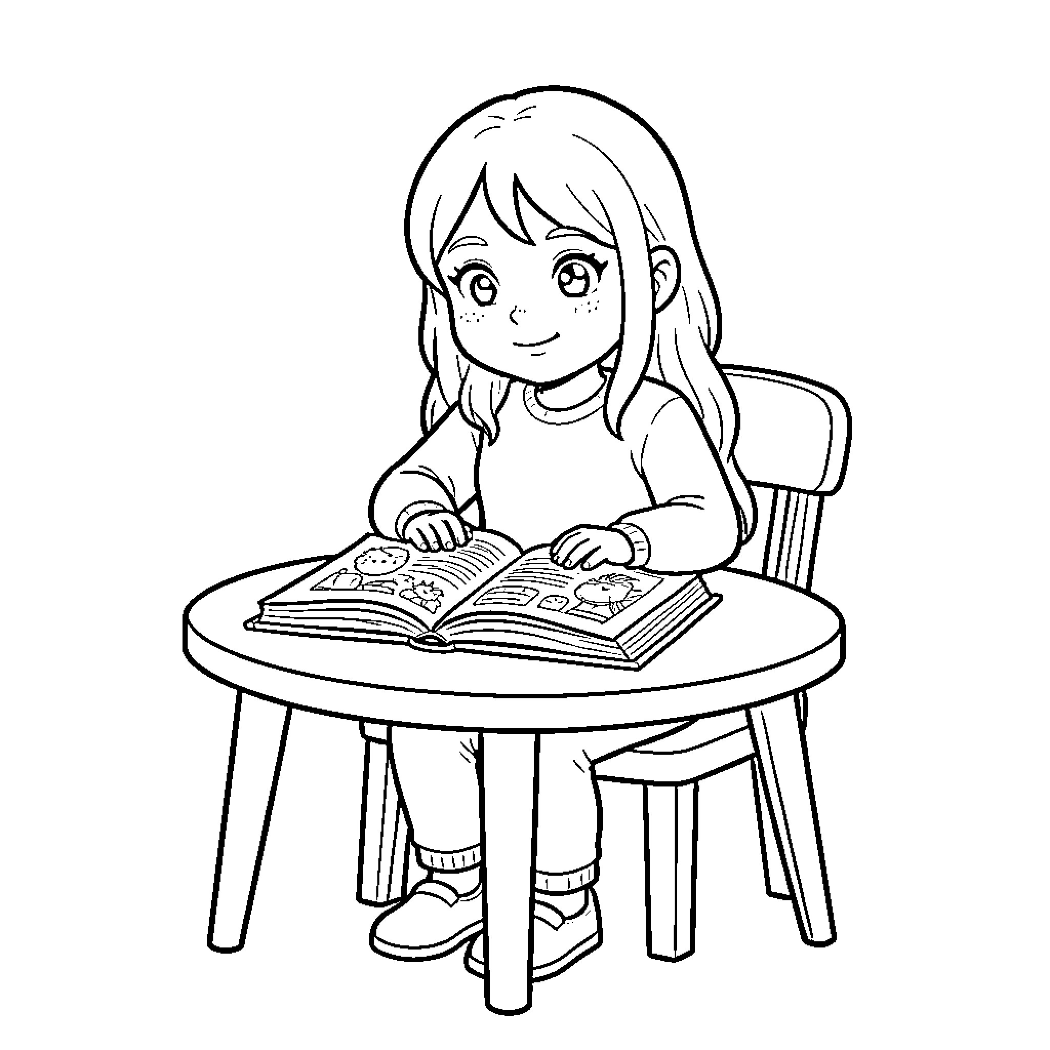 Eivi young girl reading a book at a table Coloring Page (free black-and-white line drawing printable PDF for all, from beginners to advanced learners, including children, teens, adults, and seniors)
