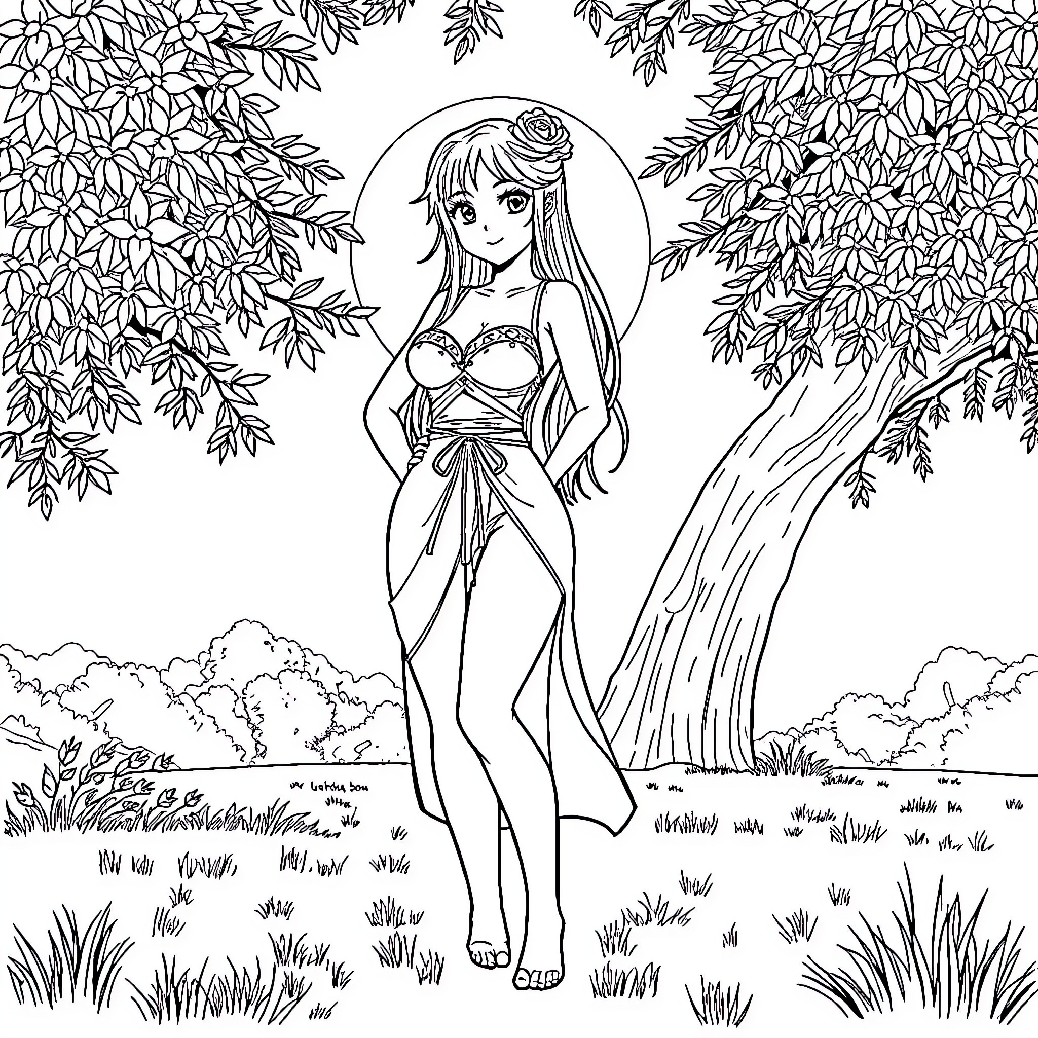 Hinata enjoying the peaceful nature Coloring Page (free black-and-white line drawing printable PDF for all, from beginners to advanced learners, including children, teens, adults, and seniors)