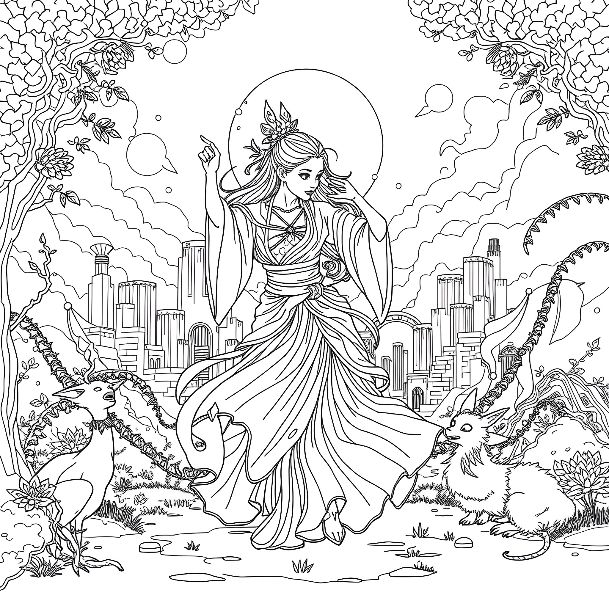 Yuna's Fantastical Journey through the Mystical Realm Coloring Page (free black-and-white line drawing printable PDF for all, from beginners to advanced learners, including children, teens, adults, and seniors)
