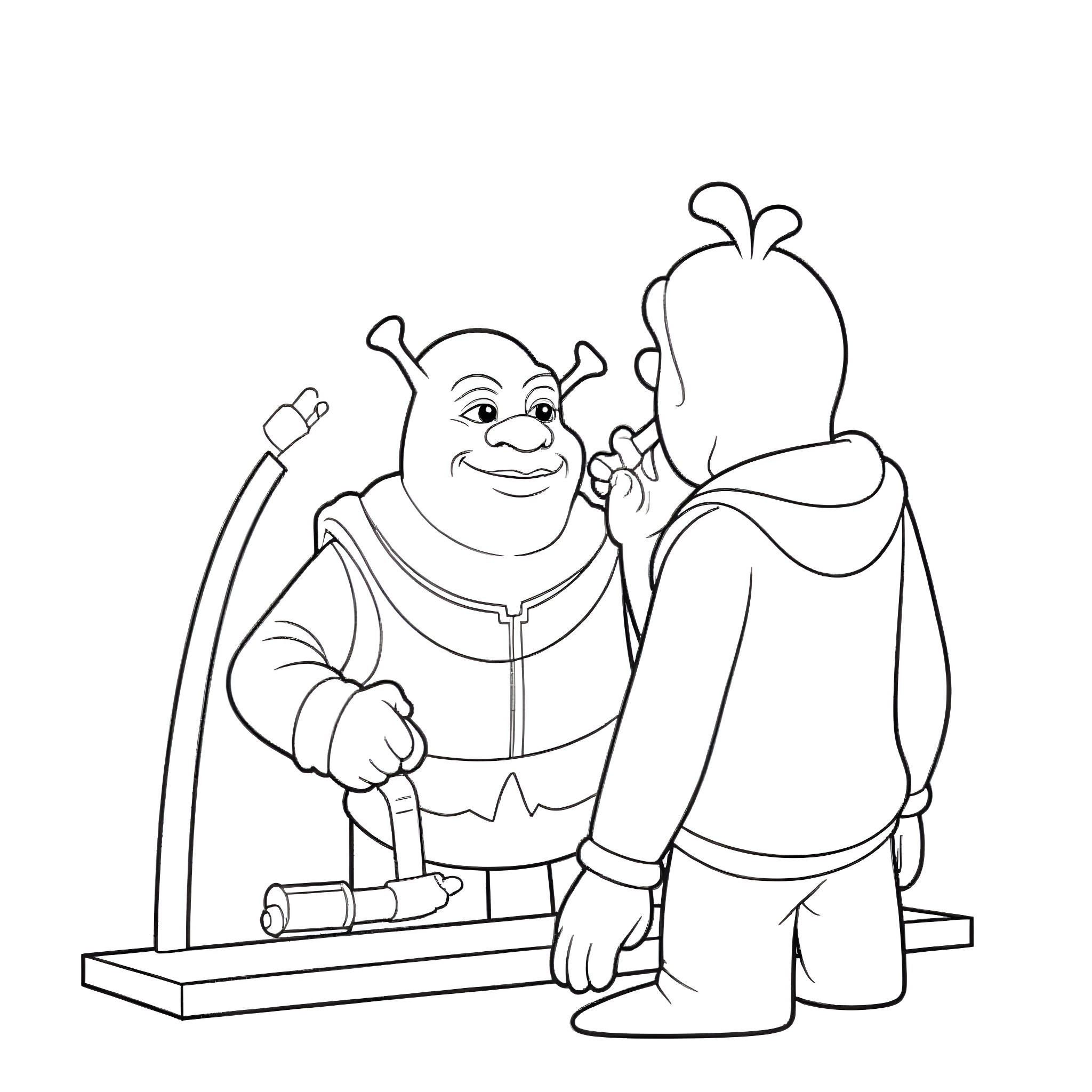 Shrek and Donkey posing together Coloring Page (free black-and-white line drawing printable PDF for all, from beginners to advanced learners, including children, teens, adults, and seniors)