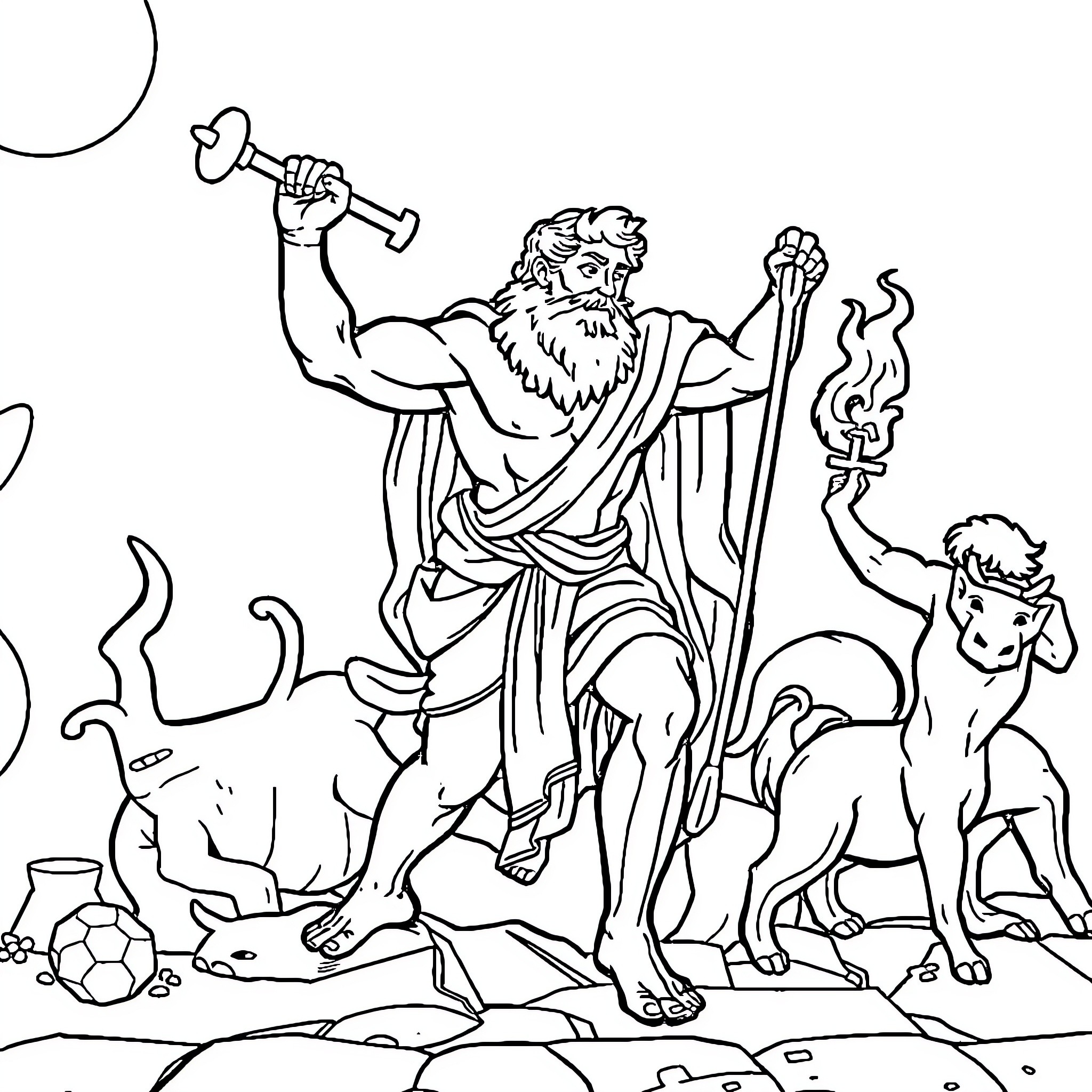 Hercules commanding mythical creatures Coloring Page (free black-and-white line drawing printable PDF for all, from beginners to advanced learners, including children, teens, adults, and seniors)