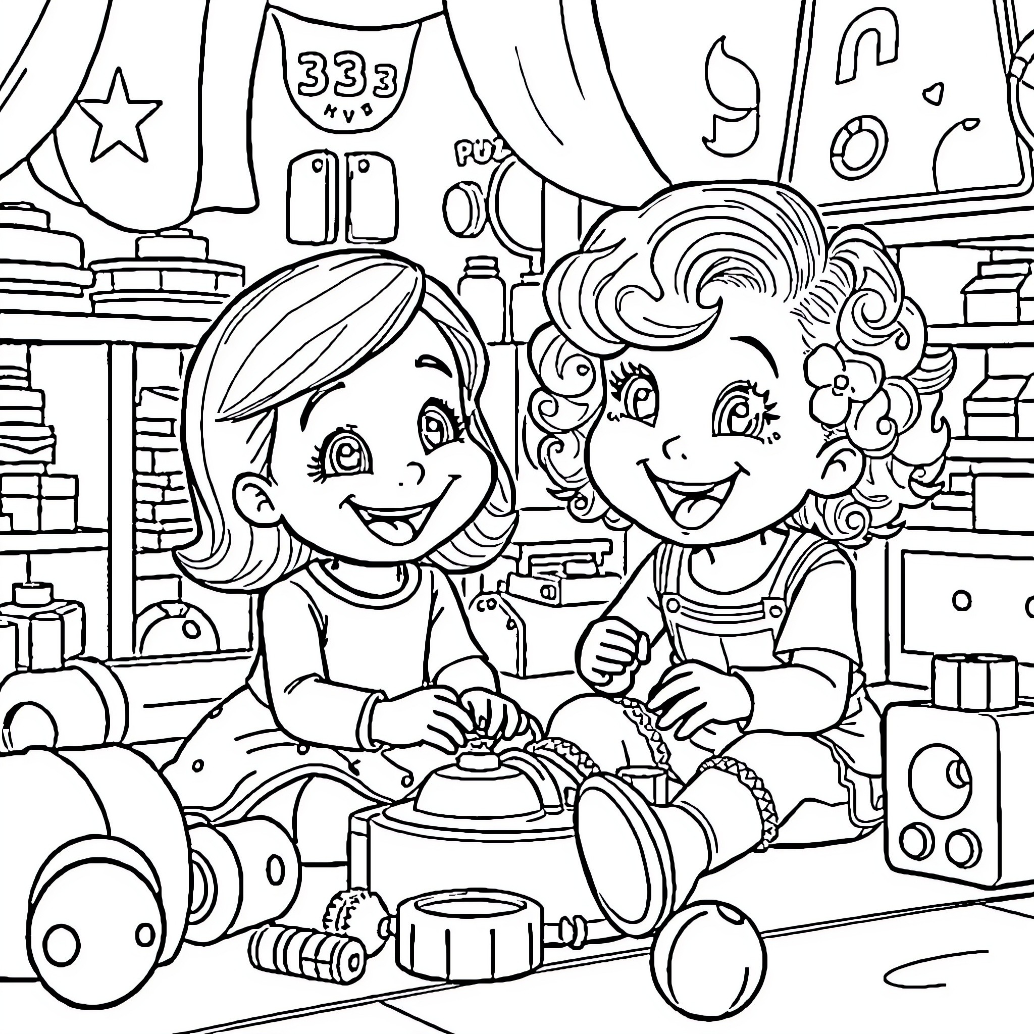 Gabby's Playful Toy Adventure Coloring Page (free black-and-white line drawing printable PDF for all, from beginners to advanced learners, including children, teens, adults, and seniors)