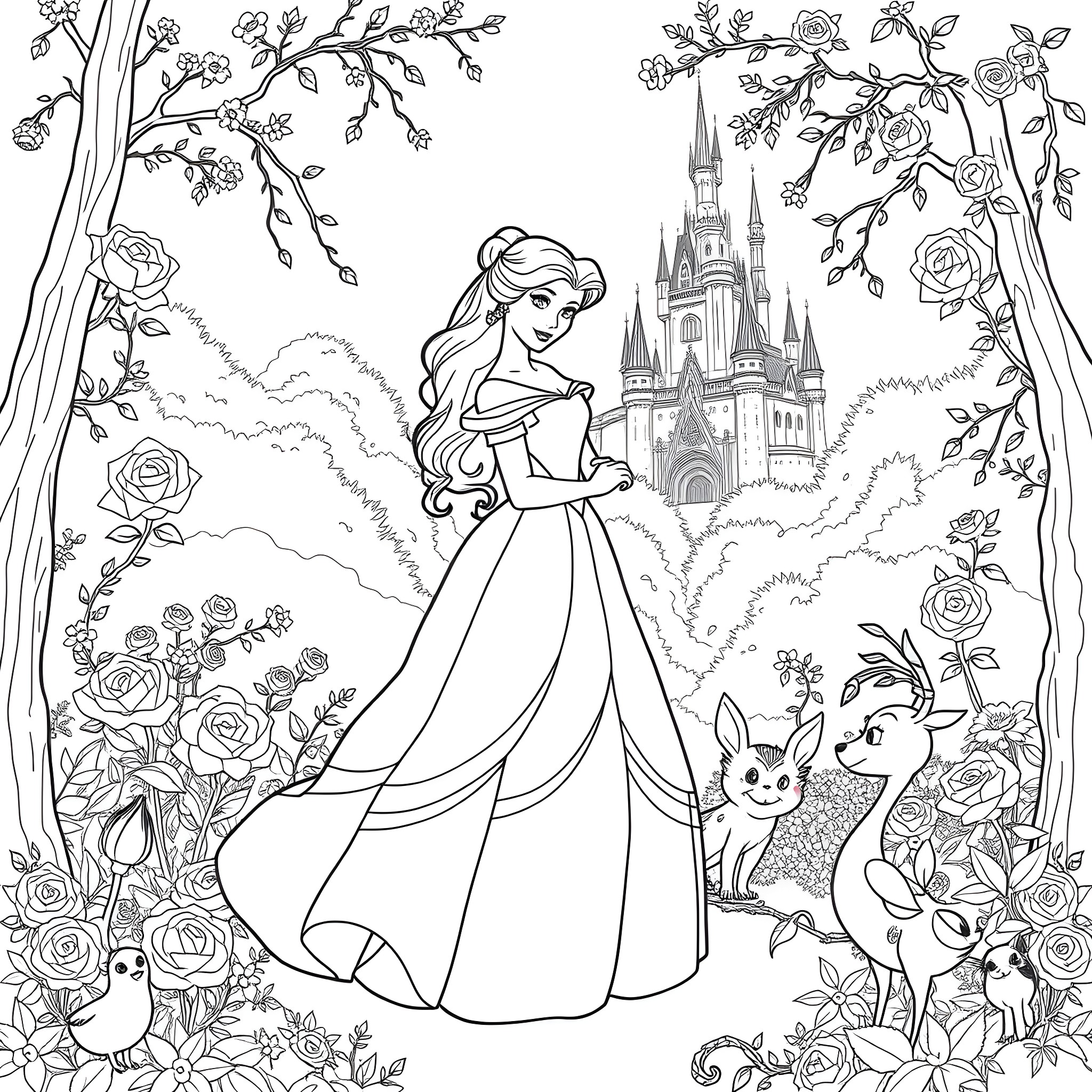 Belle in a magical fairytale garden with castle Coloring Page (free black-and-white line drawing printable PDF for all, from beginners to advanced learners, including children, teens, adults, and seniors)
