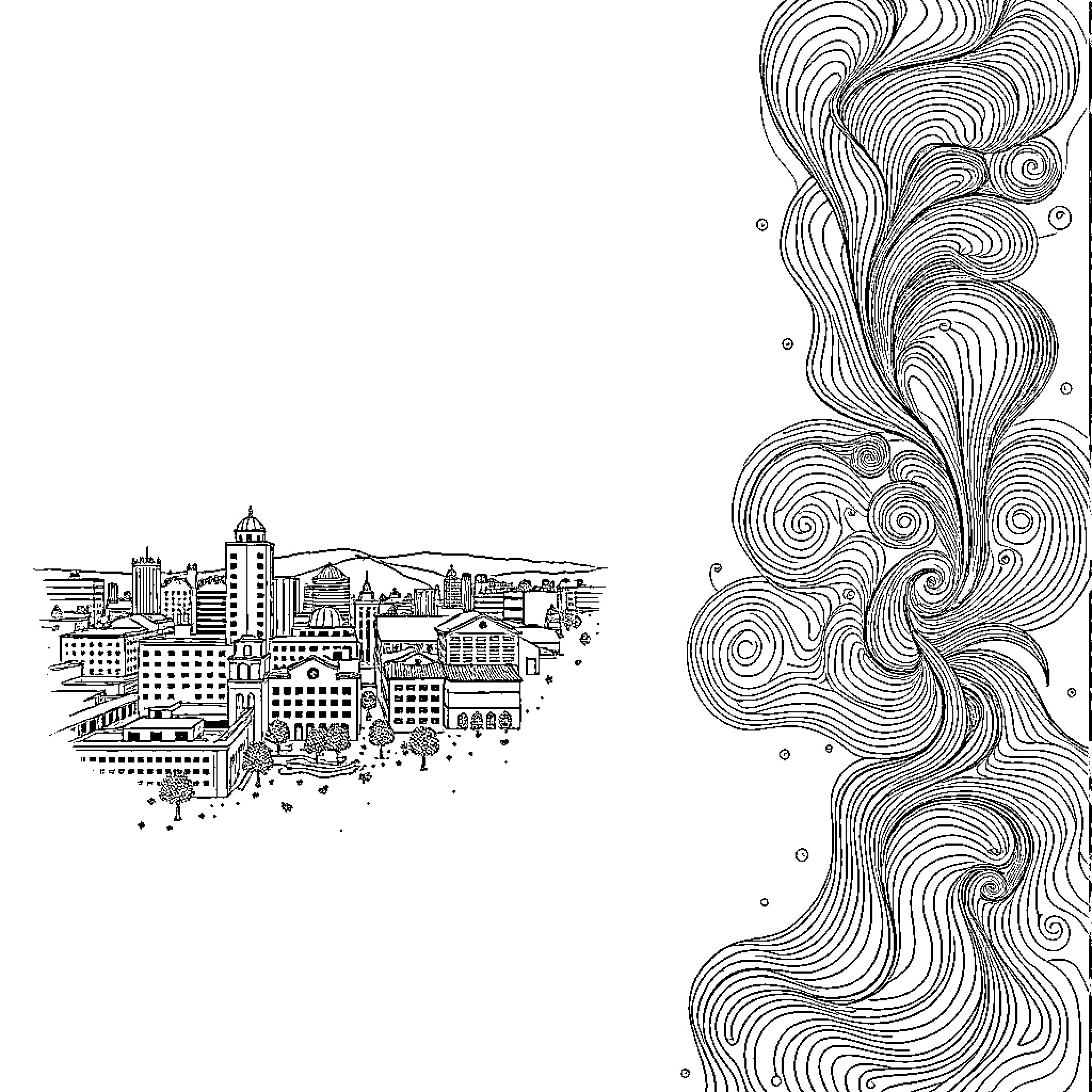 Lilongwe cityscape with abstract patterns Coloring Page (free black-and-white line drawing printable PDF for all, from beginners to advanced learners, including children, teens, adults, and seniors)