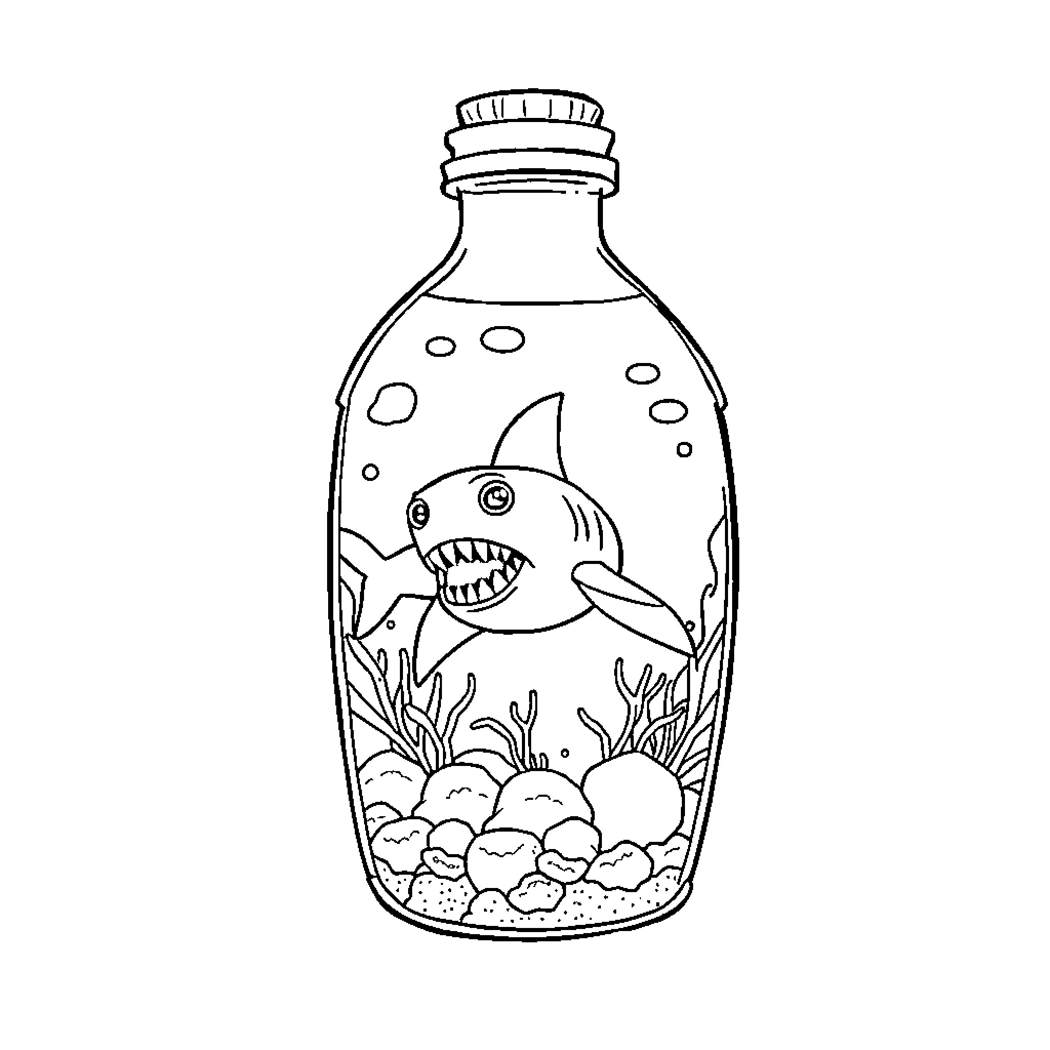 Shark in a bottle with underwater scene Coloring Page (free black-and-white line drawing printable PDF for all, from beginners to advanced learners, including children, teens, adults, and seniors)