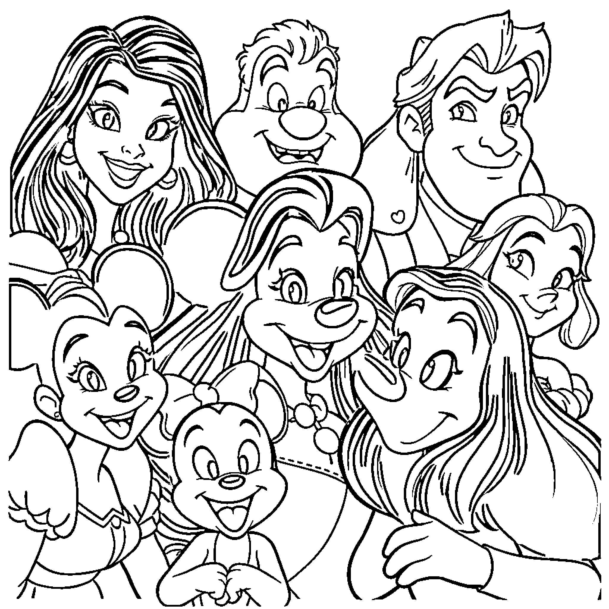 Disney Characters in Joyful Expressions Coloring Page (free black-and-white line drawing printable PDF for all, from beginners to advanced learners, including children, teens, adults, and seniors)