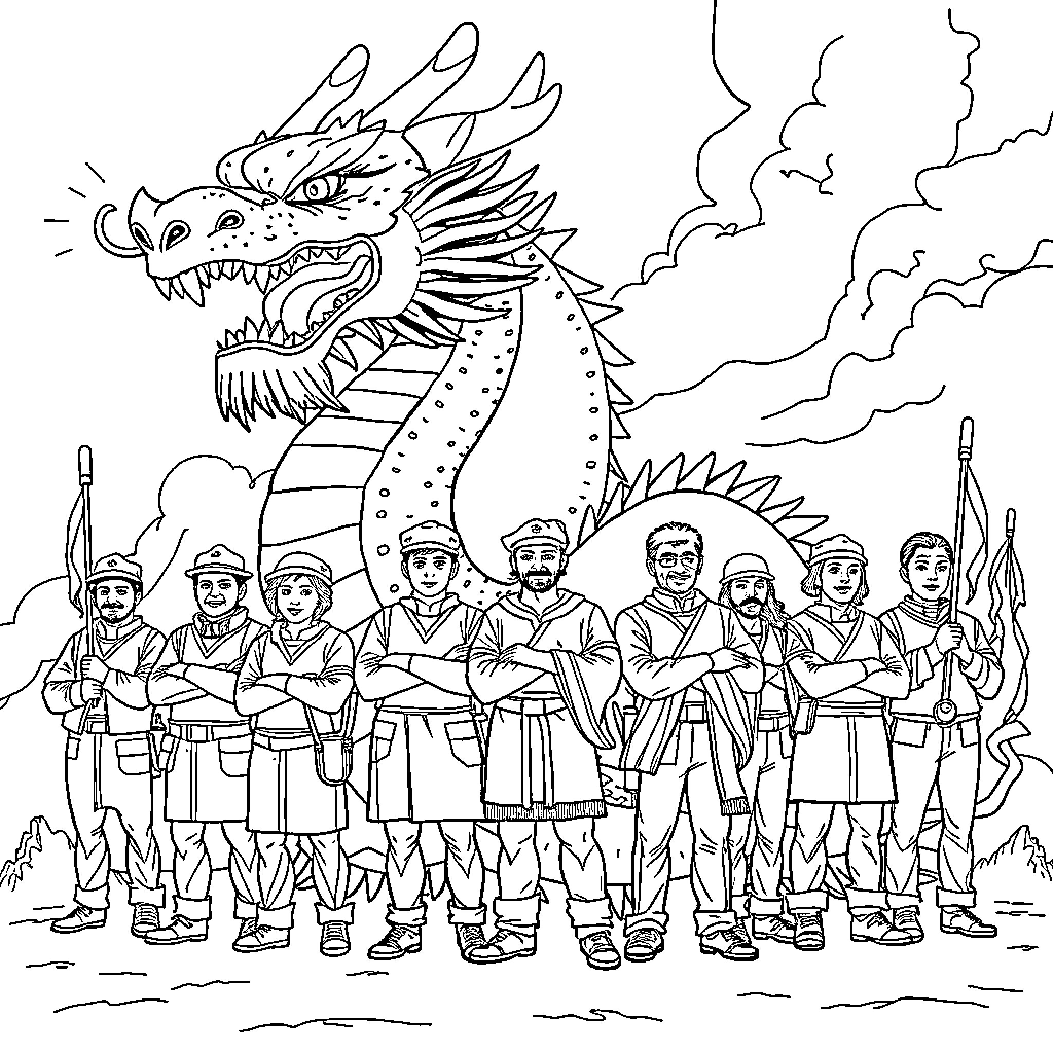 Dragon-themed warriors marching before a mighty dragon Coloring Page (free black-and-white line drawing printable PDF for all, from beginners to advanced learners, including children, teens, adults, and seniors)