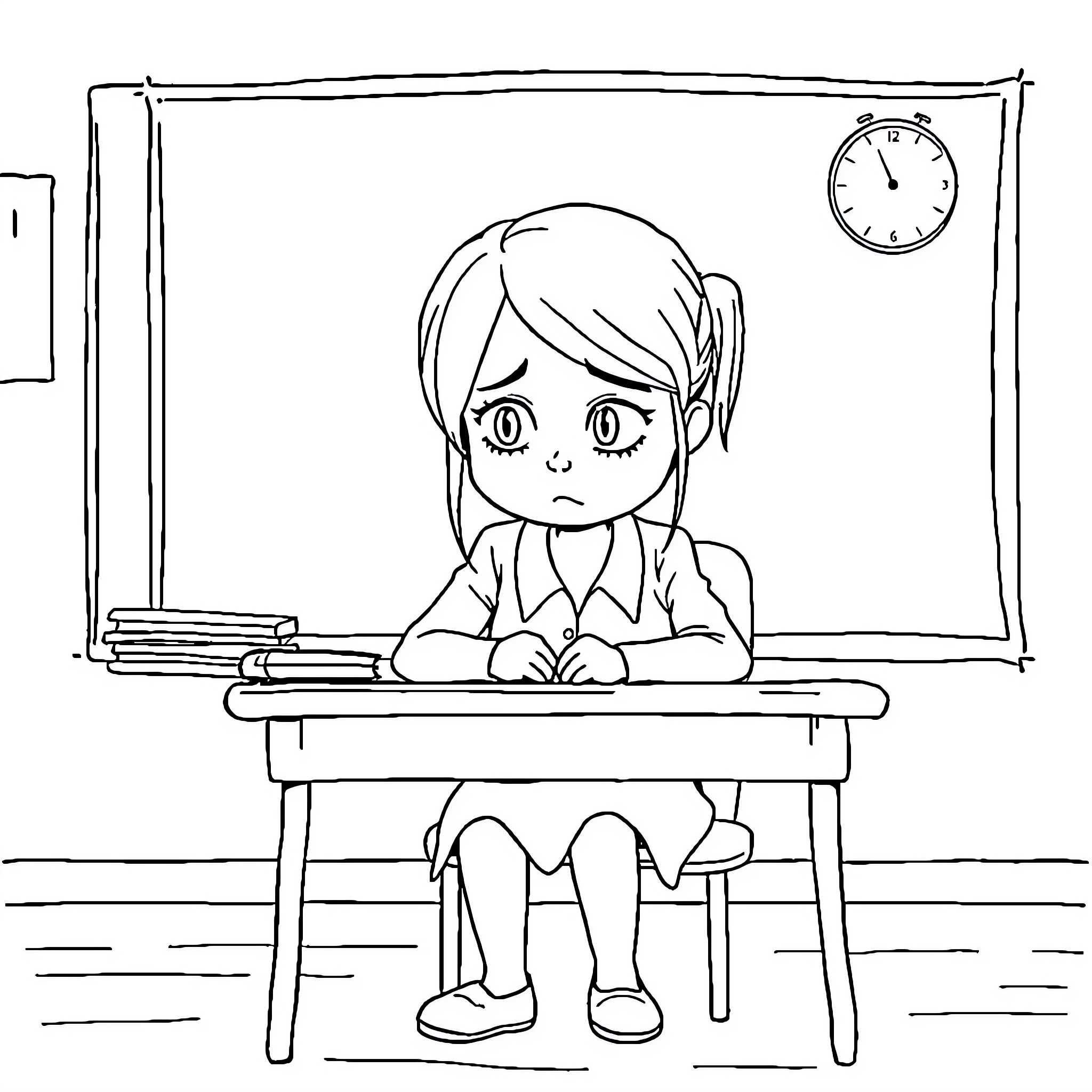 Teacher grading papers at her desk Coloring Page (free black-and-white line drawing printable PDF for all, from beginners to advanced learners, including children, teens, adults, and seniors)