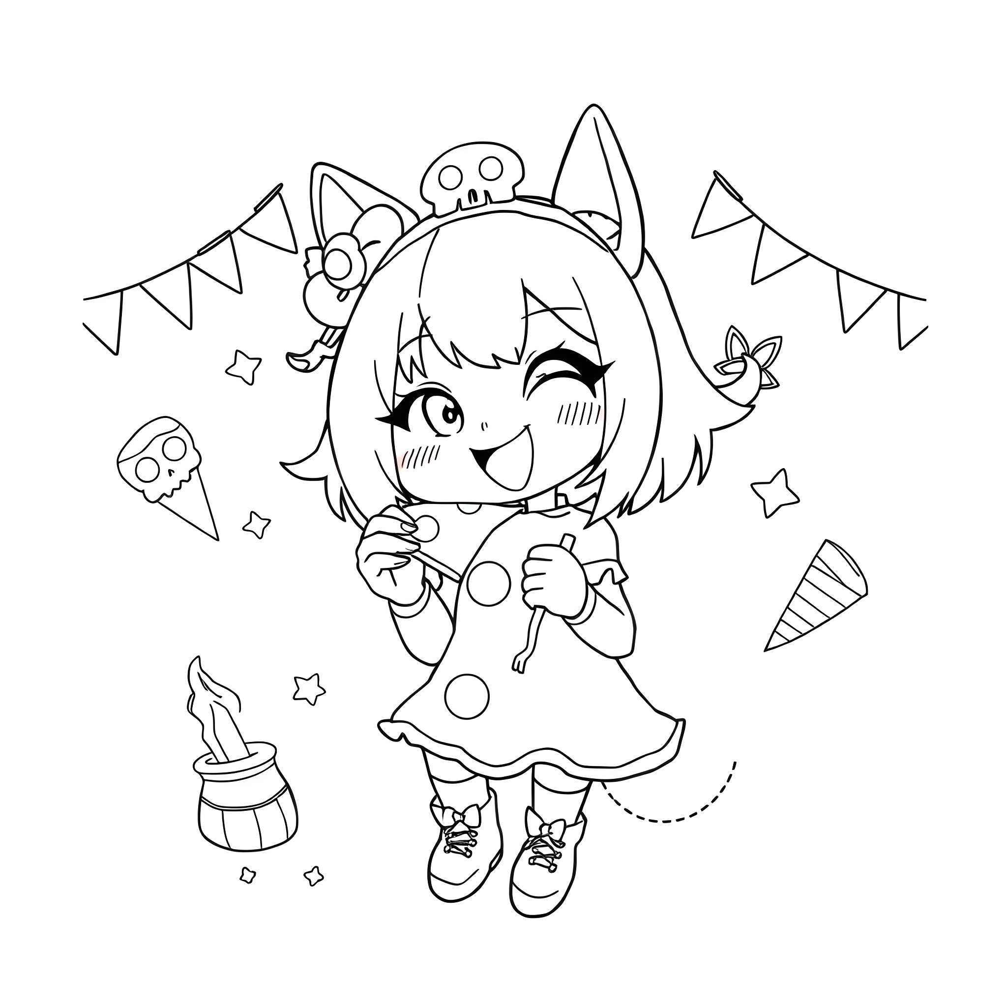 Kuromi in a festive party mood Coloring Page (free black-and-white line drawing printable PDF for all, from beginners to advanced learners, including children, teens, adults, and seniors)