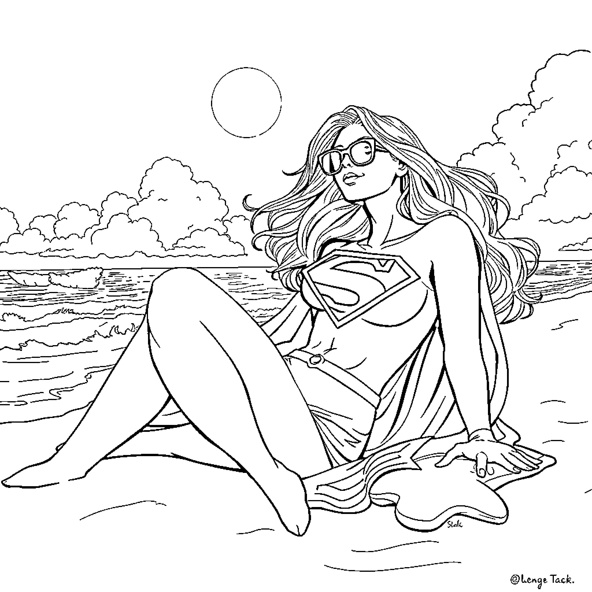 Supergirl relaxing on the beach Coloring Page (free black-and-white line drawing printable PDF for all, from beginners to advanced learners, including children, teens, adults, and seniors)