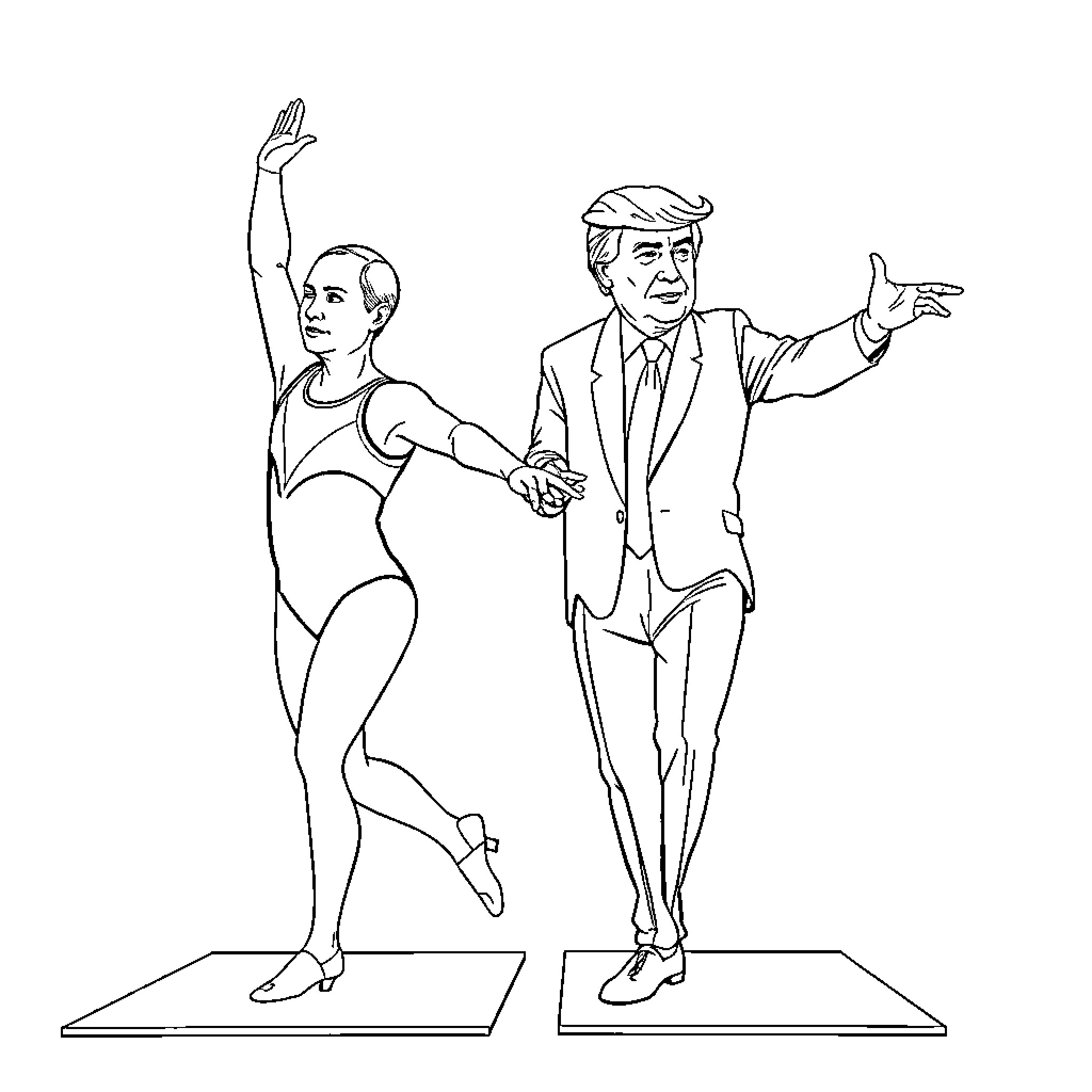Putin Gesturing Alongside Fitness Enthusiast Coloring Page (free black-and-white line drawing printable PDF for all, from beginners to advanced learners, including children, teens, adults, and seniors)