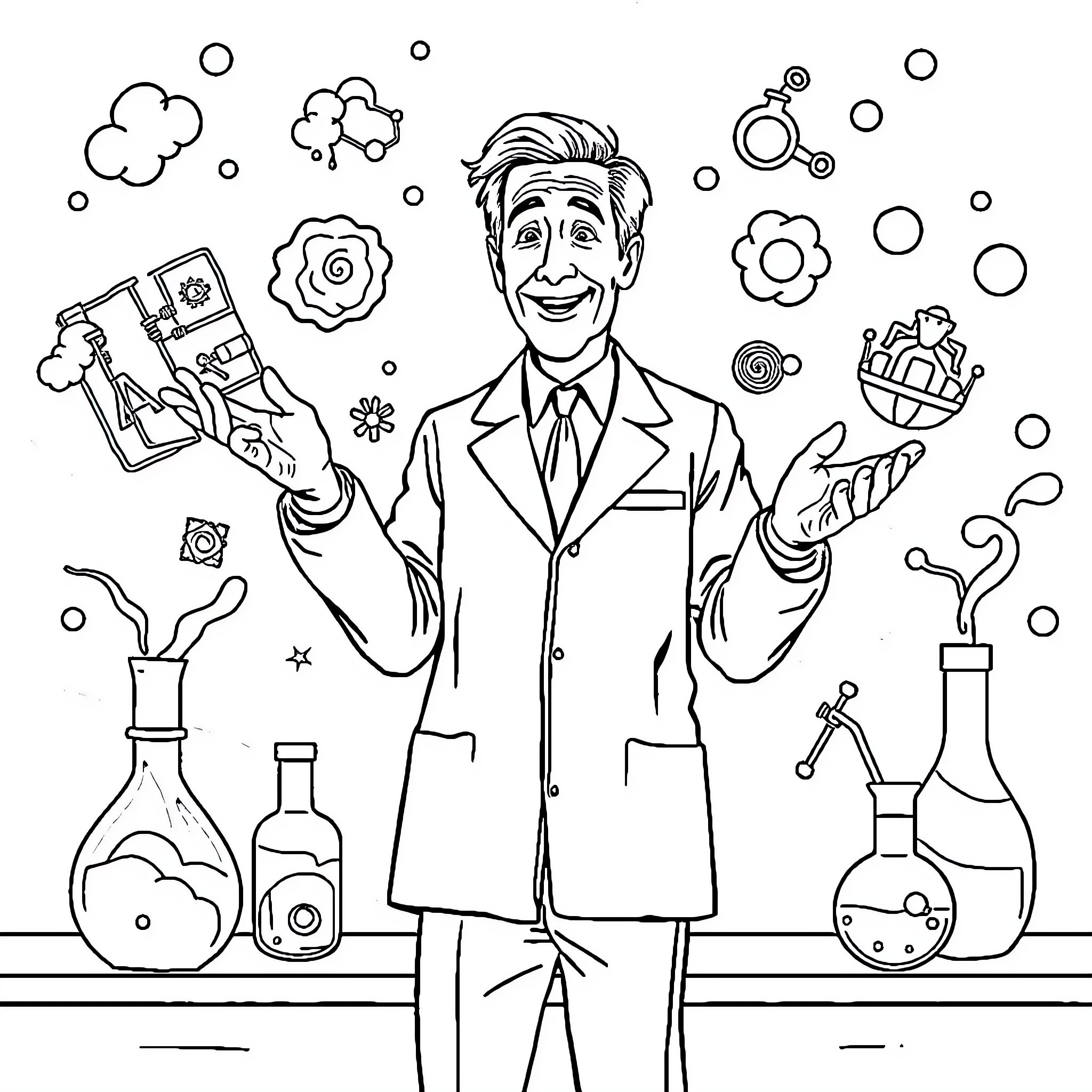 Bill Nye Exploring Scientific Wonders in the Lab Coloring Page (free black-and-white line drawing printable PDF for all, from beginners to advanced learners, including children, teens, adults, and seniors)