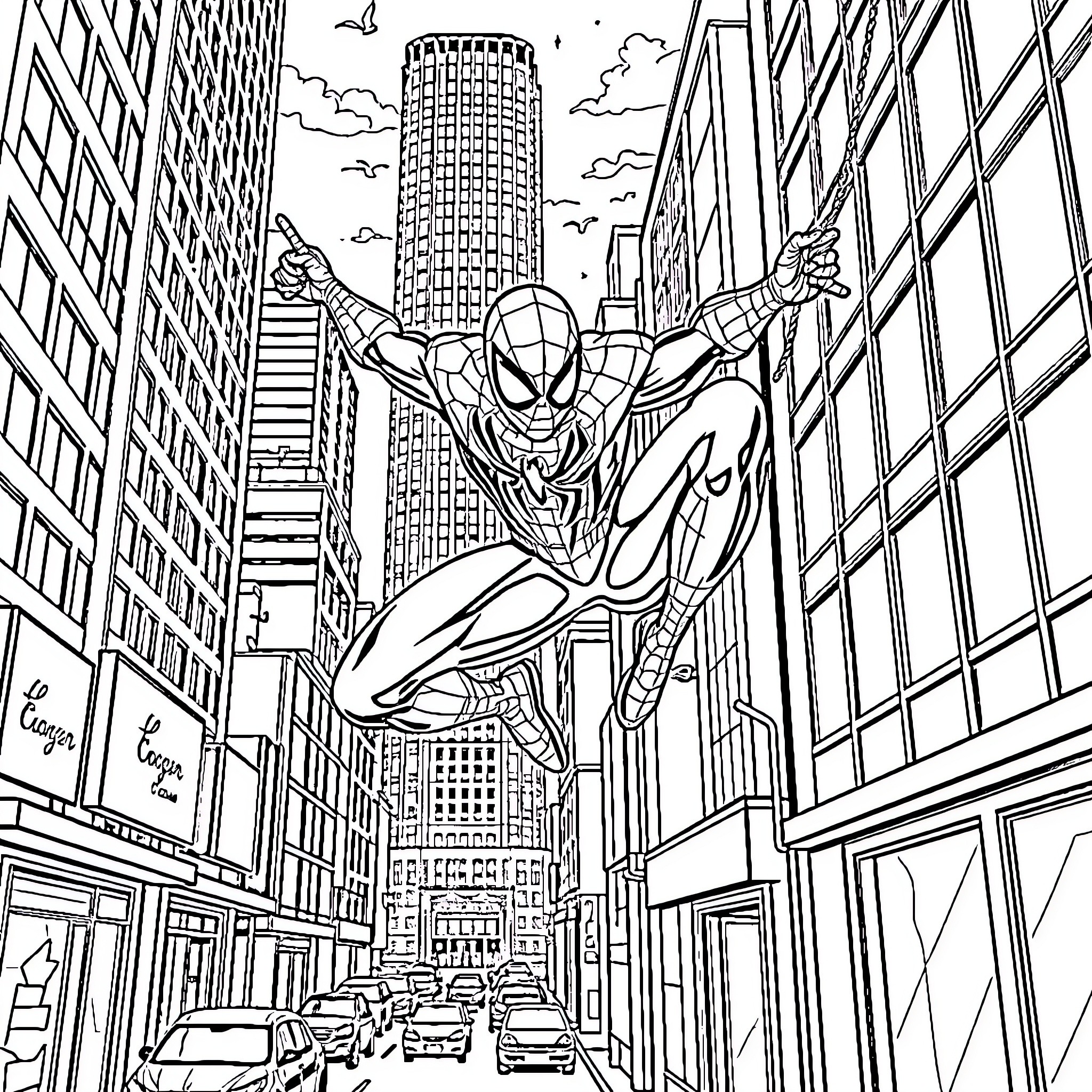 Spiderman Swinging Through the City Skyscrapers Coloring Page (free black-and-white line drawing printable PDF for all, from beginners to advanced learners, including children, teens, adults, and seniors)