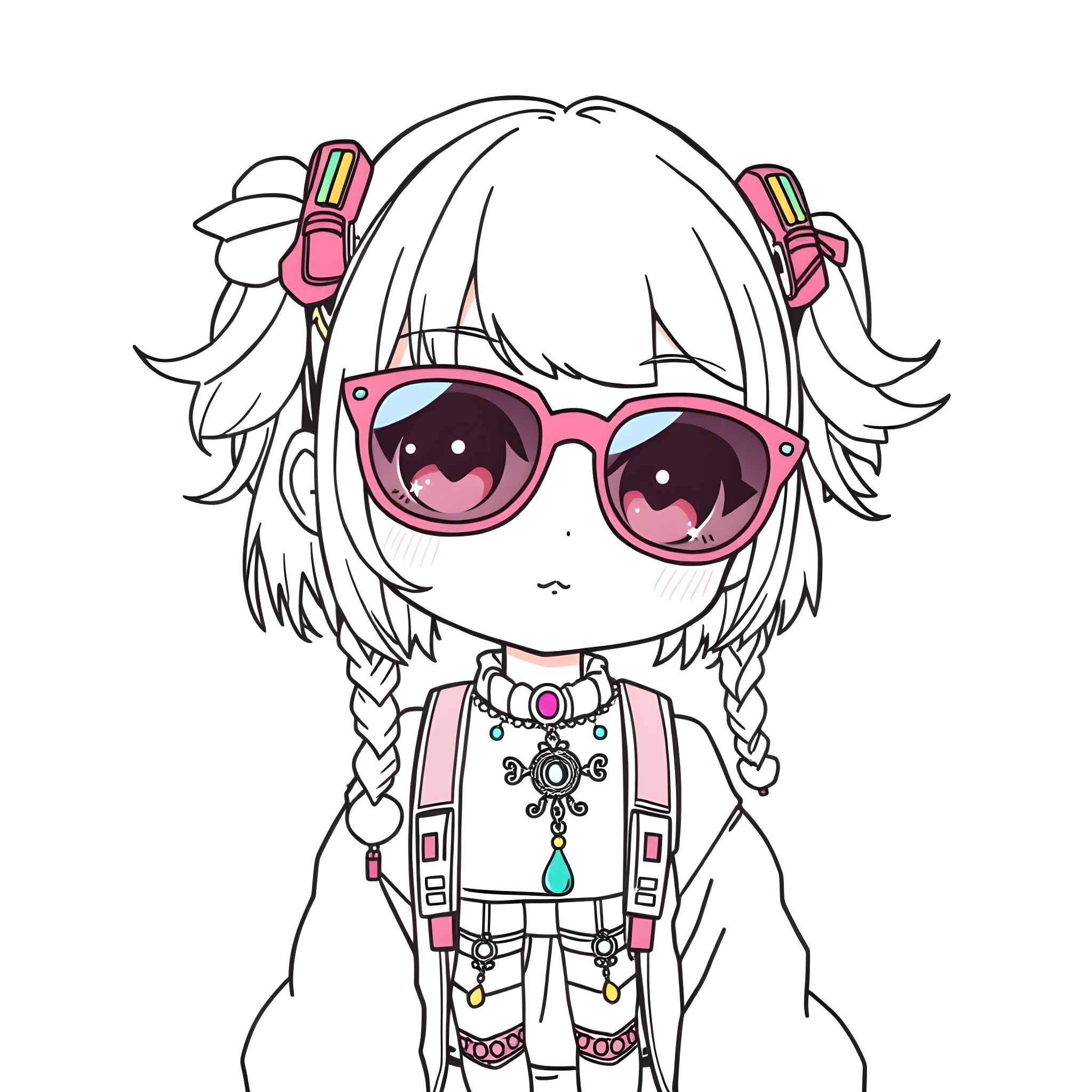 Anime girl with stylish accessories and expression Coloring Page (free black-and-white line drawing printable PDF for all, from beginners to advanced learners, including children, teens, adults, and seniors)