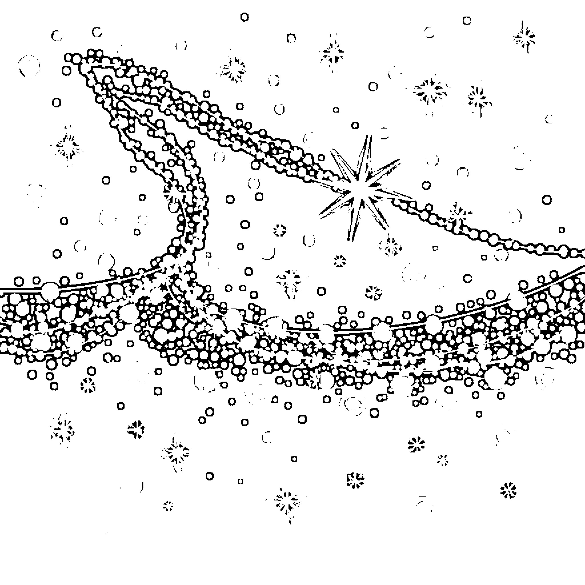 White Magic Comet Soaring through Sparkling Night Sky Coloring Page (free black-and-white line drawing printable PDF for all, from beginners to advanced learners, including children, teens, adults, and seniors)