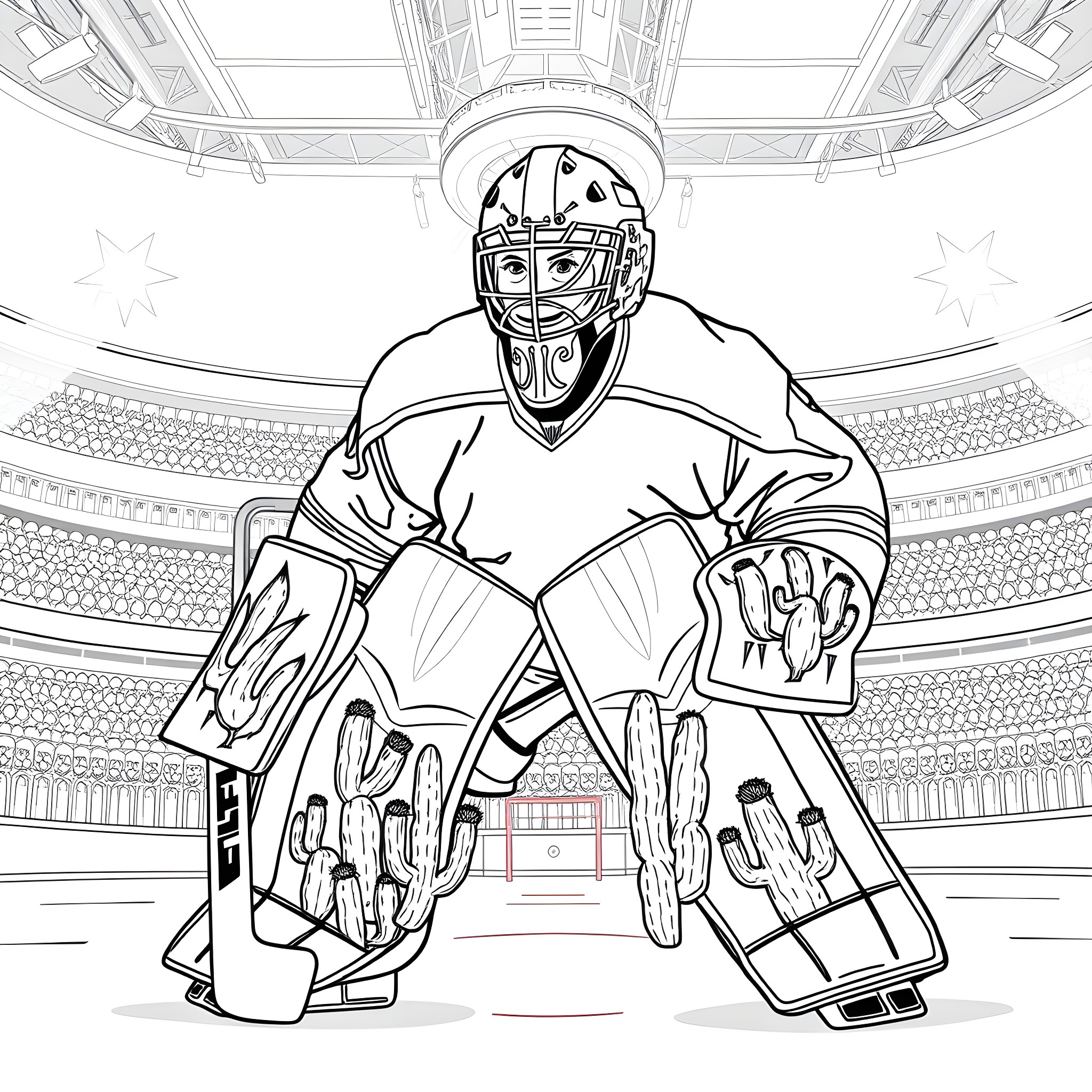Hockey Goalie Protecting the Goal Coloring Page (free black-and-white line drawing printable PDF for all, from beginners to advanced learners, including children, teens, adults, and seniors)