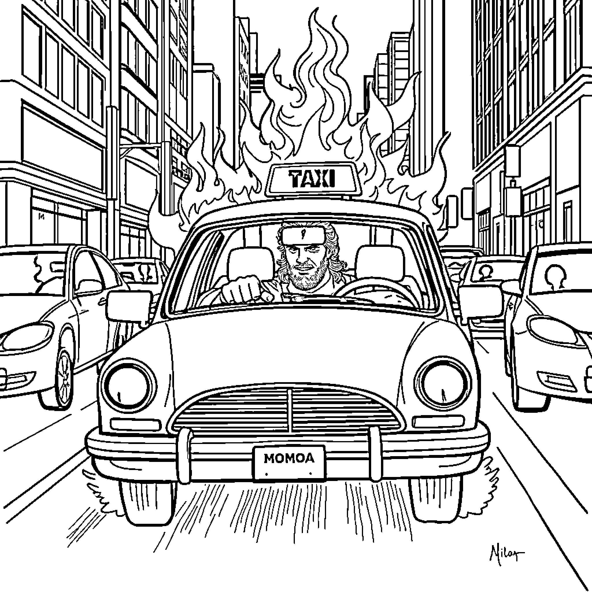 Jason Momoa driving a flaming taxi through the city Coloring Page (free black-and-white line drawing printable PDF for all, from beginners to advanced learners, including children, teens, adults, and seniors)