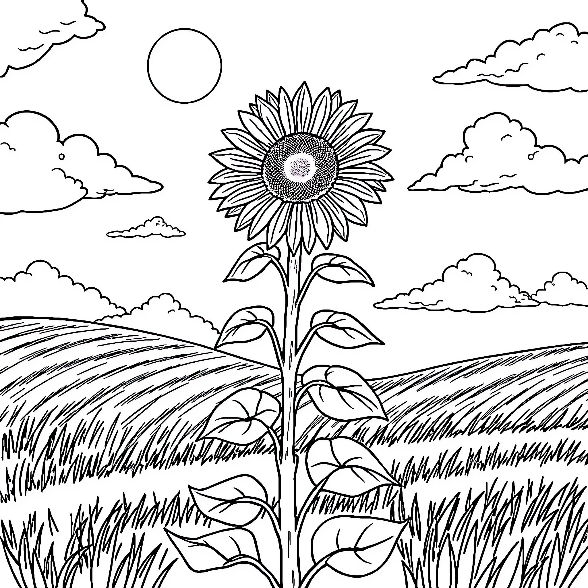 Sunflower in a Serene Landscape Coloring Page (free black-and-white line drawing printable PDF for all, from beginners to advanced learners, including children, teens, adults, and seniors)