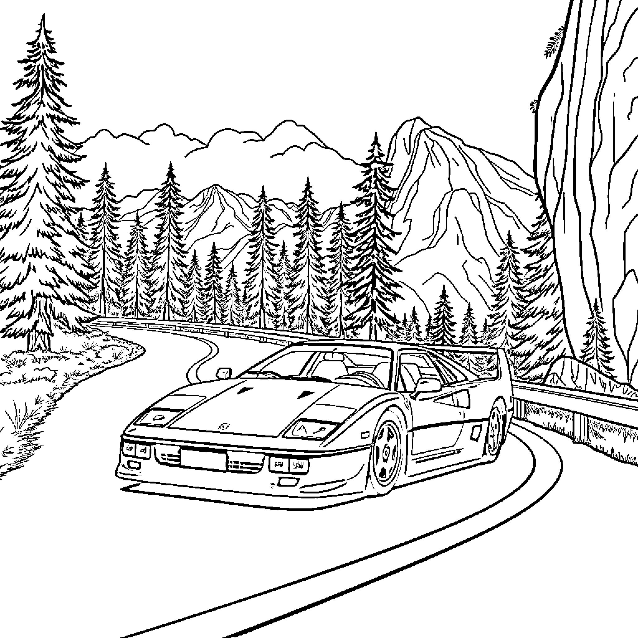 Ferrari racing through mountain landscape Coloring Page (free black-and-white line drawing printable PDF for all, from beginners to advanced learners, including children, teens, adults, and seniors)
