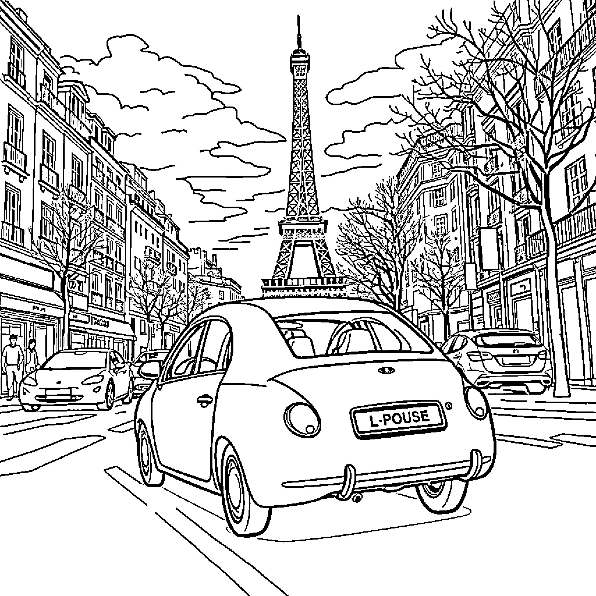 Race Car Driving Through the Streets of Paris Coloring Page (free black-and-white line drawing printable PDF for all, from beginners to advanced learners, including children, teens, adults, and seniors)