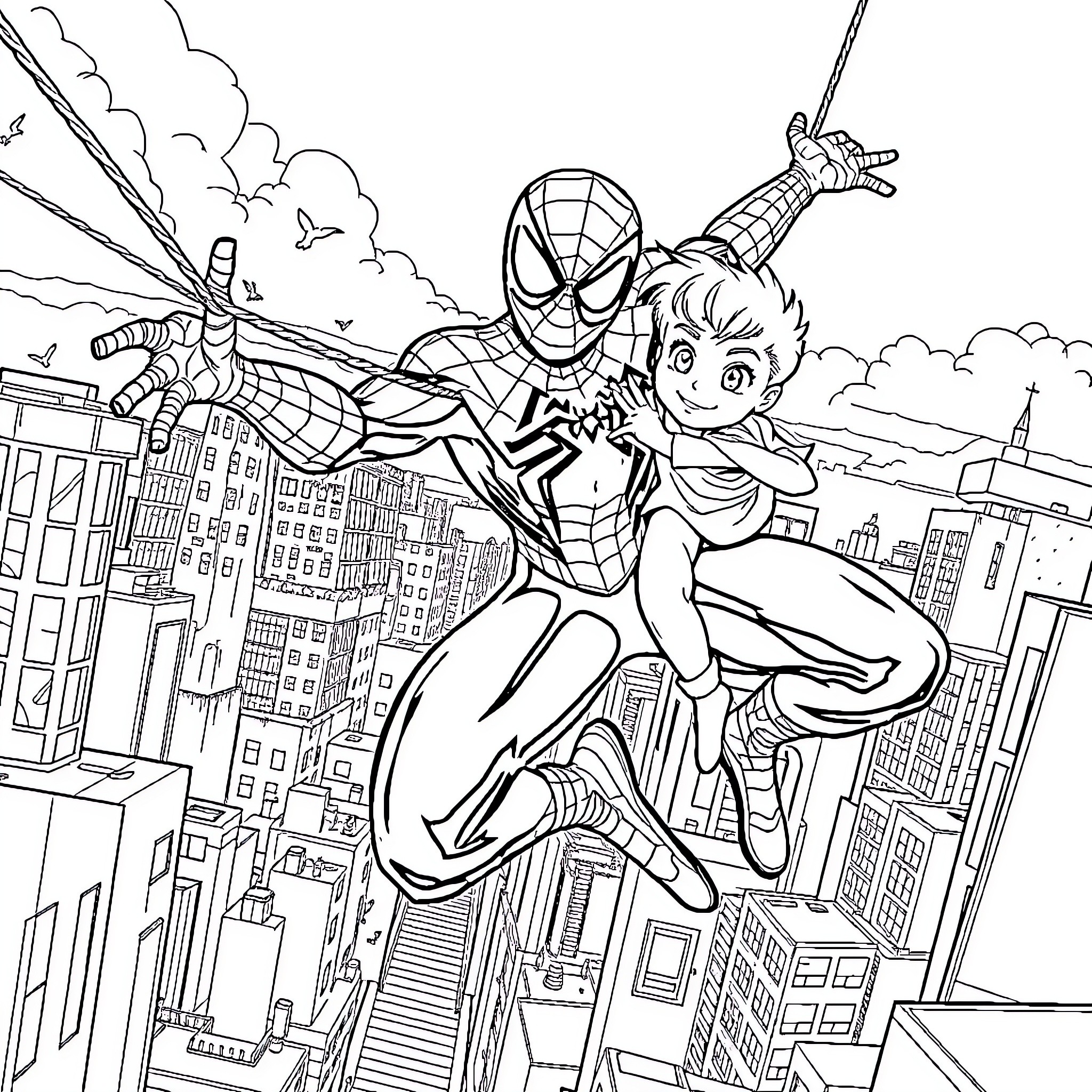 Spidey swinging through the city with a sidekick Coloring Page (free black-and-white line drawing printable PDF for all, from beginners to advanced learners, including children, teens, adults, and seniors)