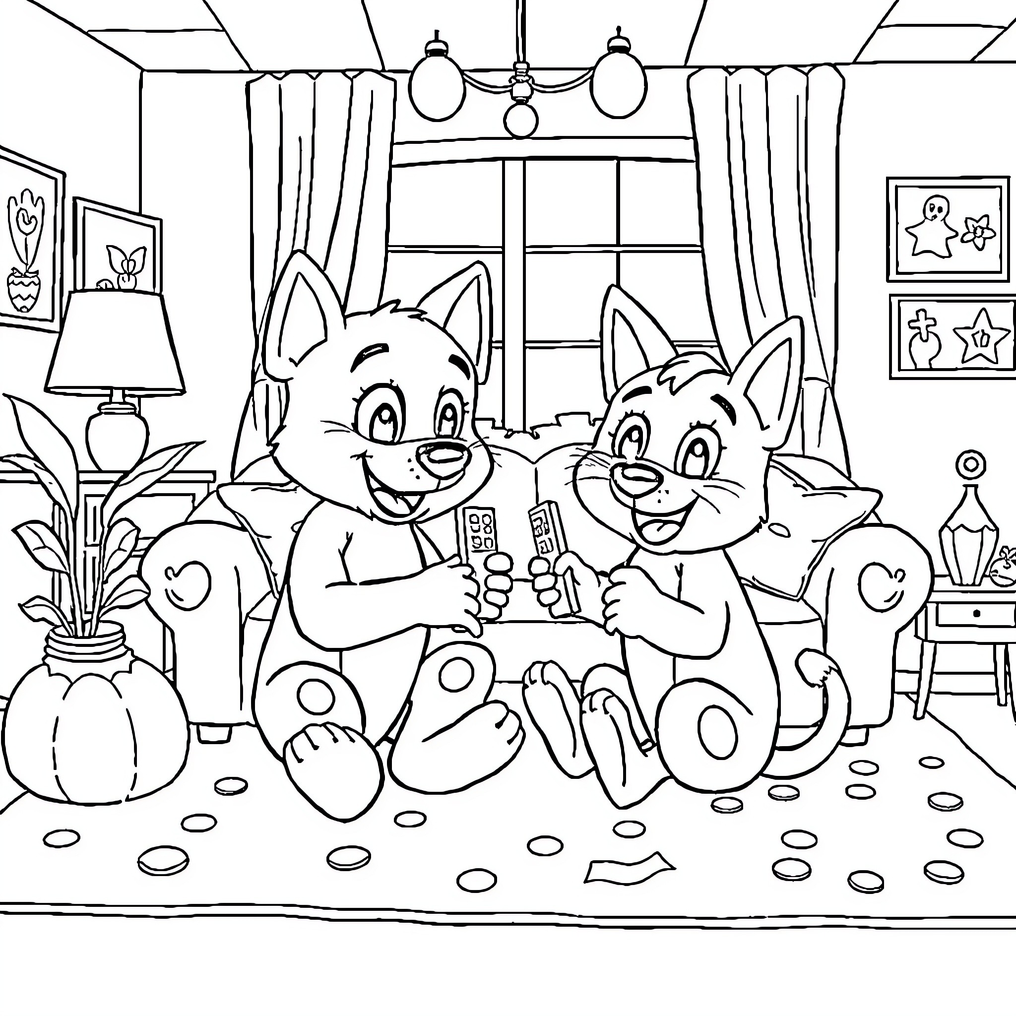Bluey and friends playing happily in the living room Coloring Page (free black-and-white line drawing printable PDF for all, from beginners to advanced learners, including children, teens, adults, and seniors)