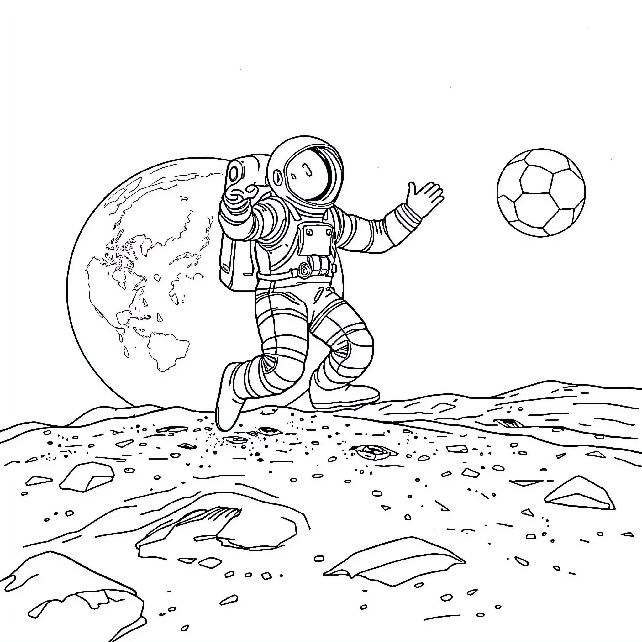 Astronaut exploring the surface of the moon Coloring Page (free black-and-white line drawing printable PDF for all, from beginners to advanced learners, including children, teens, adults, and seniors)