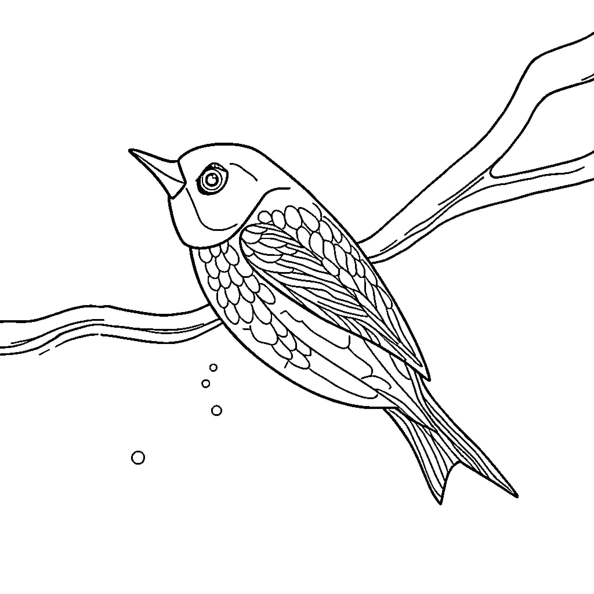 Fish perched on branch with wings spread Coloring Page (free black-and-white line drawing printable PDF for all, from beginners to advanced learners, including children, teens, adults, and seniors)