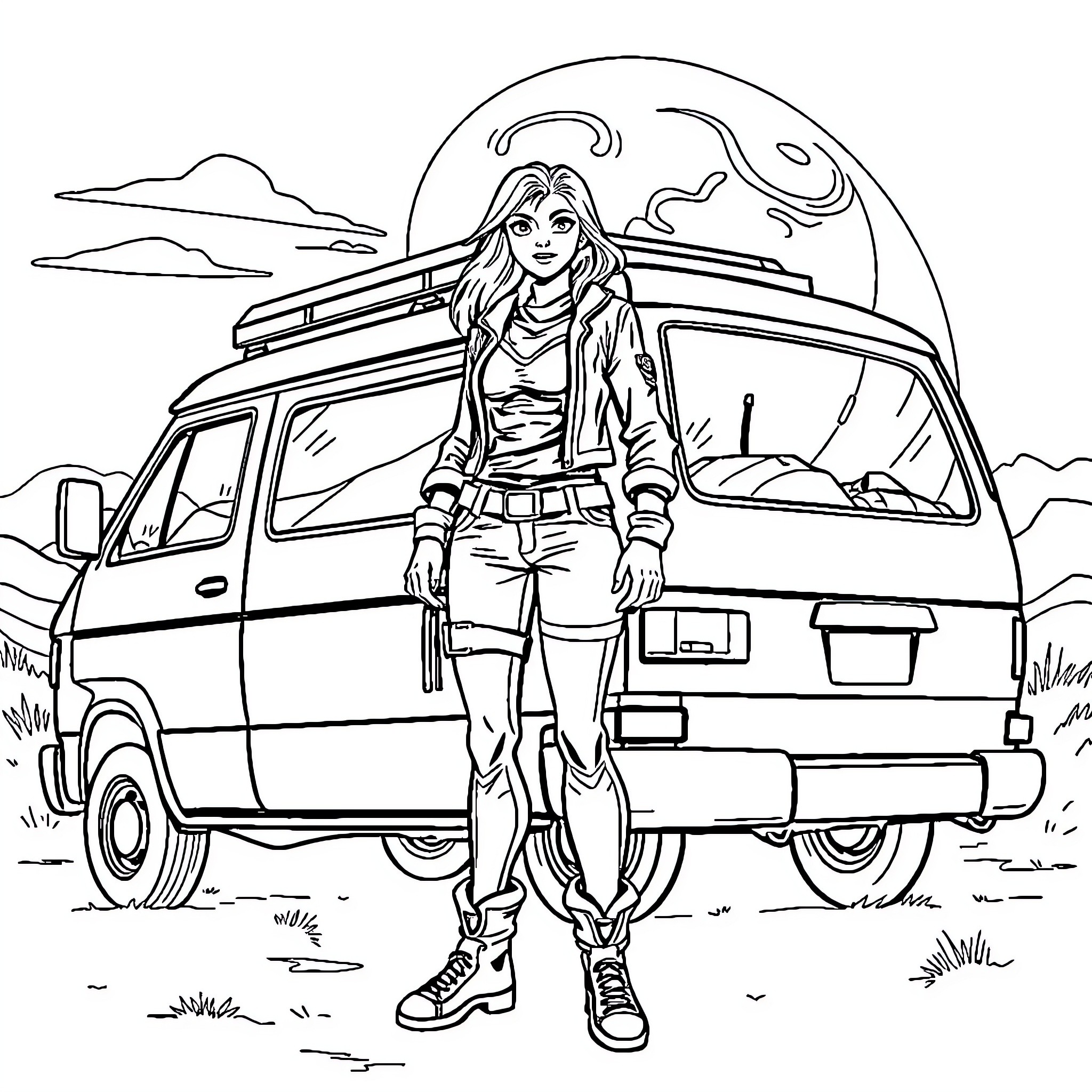 Woman adventurer standing beside off-road vehicle Coloring Page (free black-and-white line drawing printable PDF for all, from beginners to advanced learners, including children, teens, adults, and seniors)