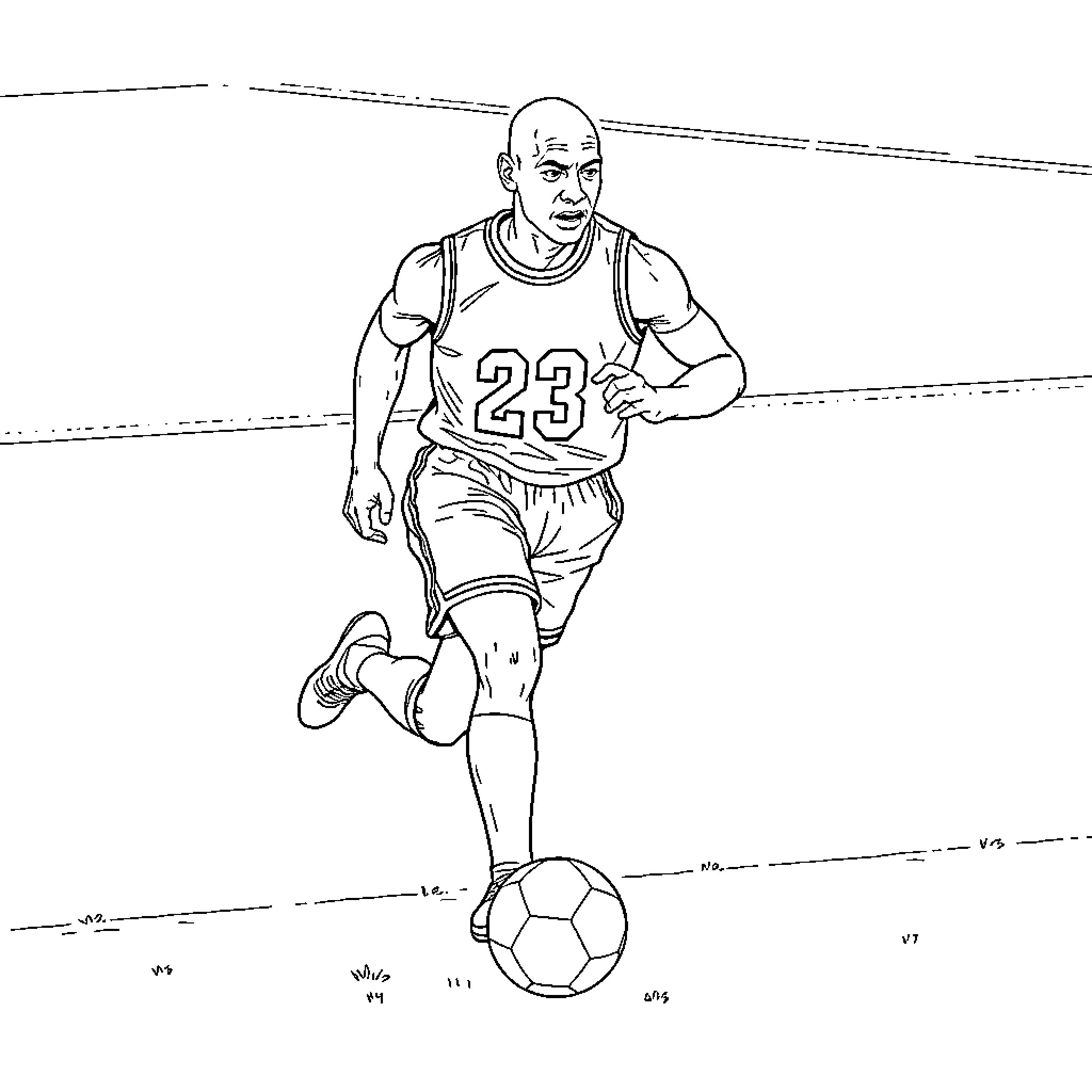 Michael Jordan dribbling basketball on court Coloring Page (free black-and-white line drawing printable PDF for all, from beginners to advanced learners, including children, teens, adults, and seniors)