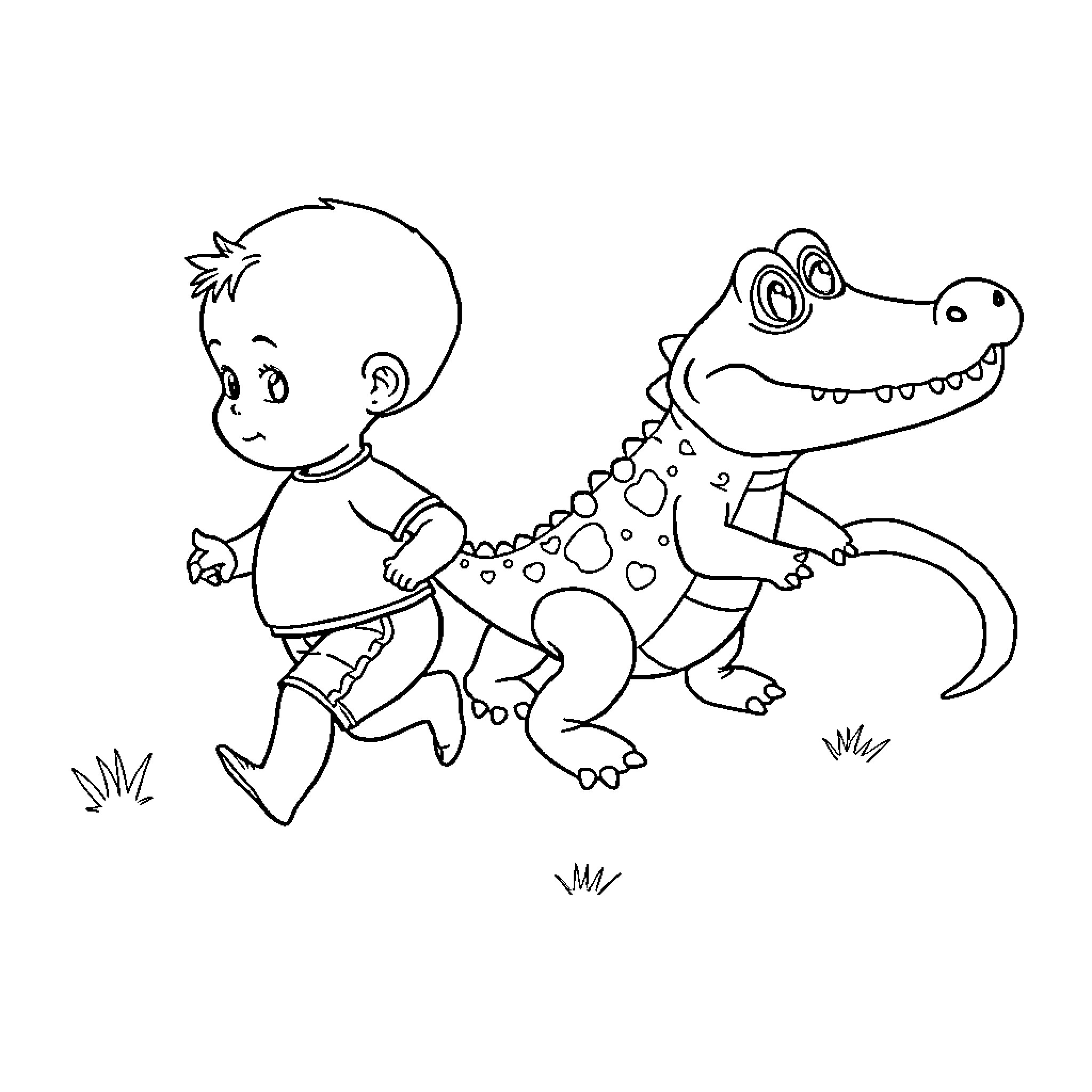 Baby playing happily with friendly alligator Coloring Page (free black-and-white line drawing printable PDF for all, from beginners to advanced learners, including children, teens, adults, and seniors)