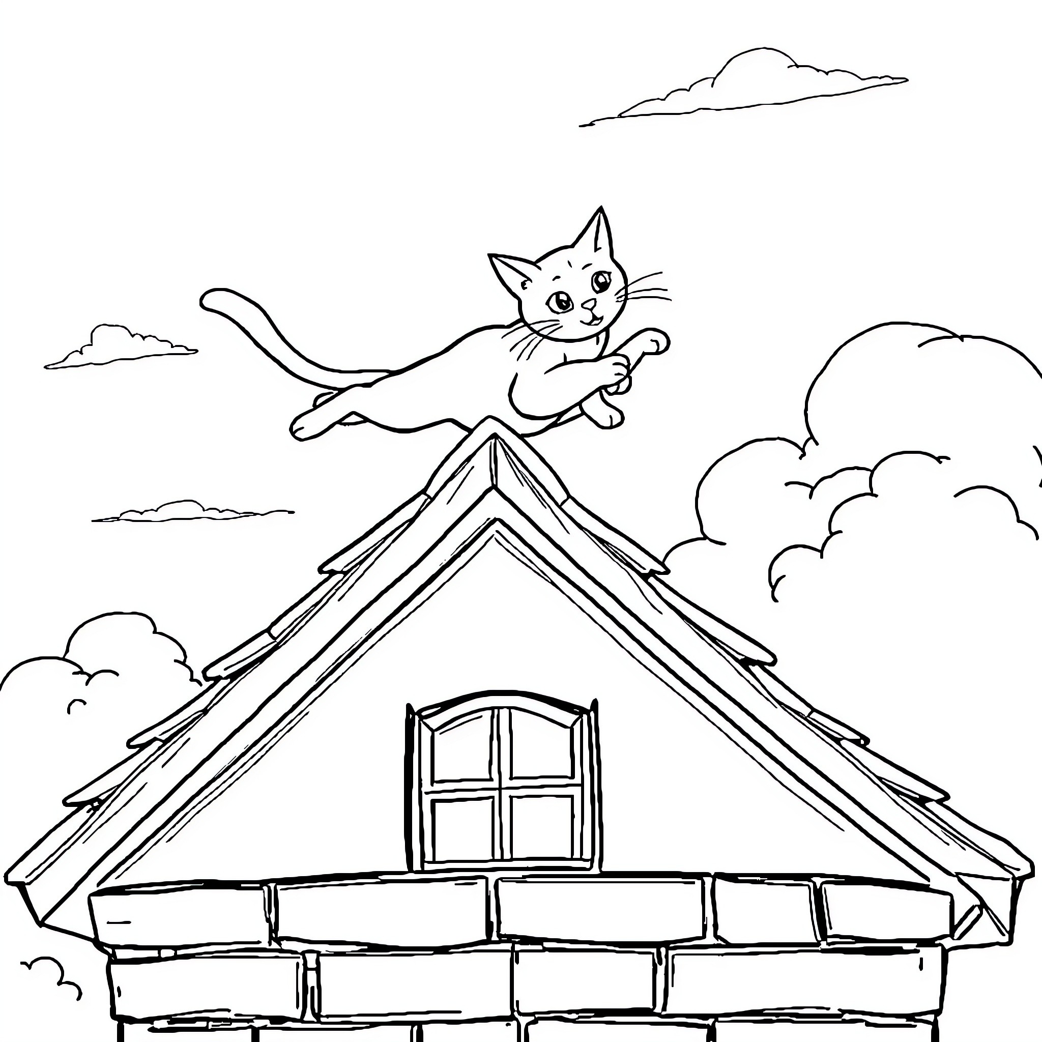 Cat jumping playfully on a roof Coloring Page (free black-and-white line drawing printable PDF for all, from beginners to advanced learners, including children, teens, adults, and seniors)
