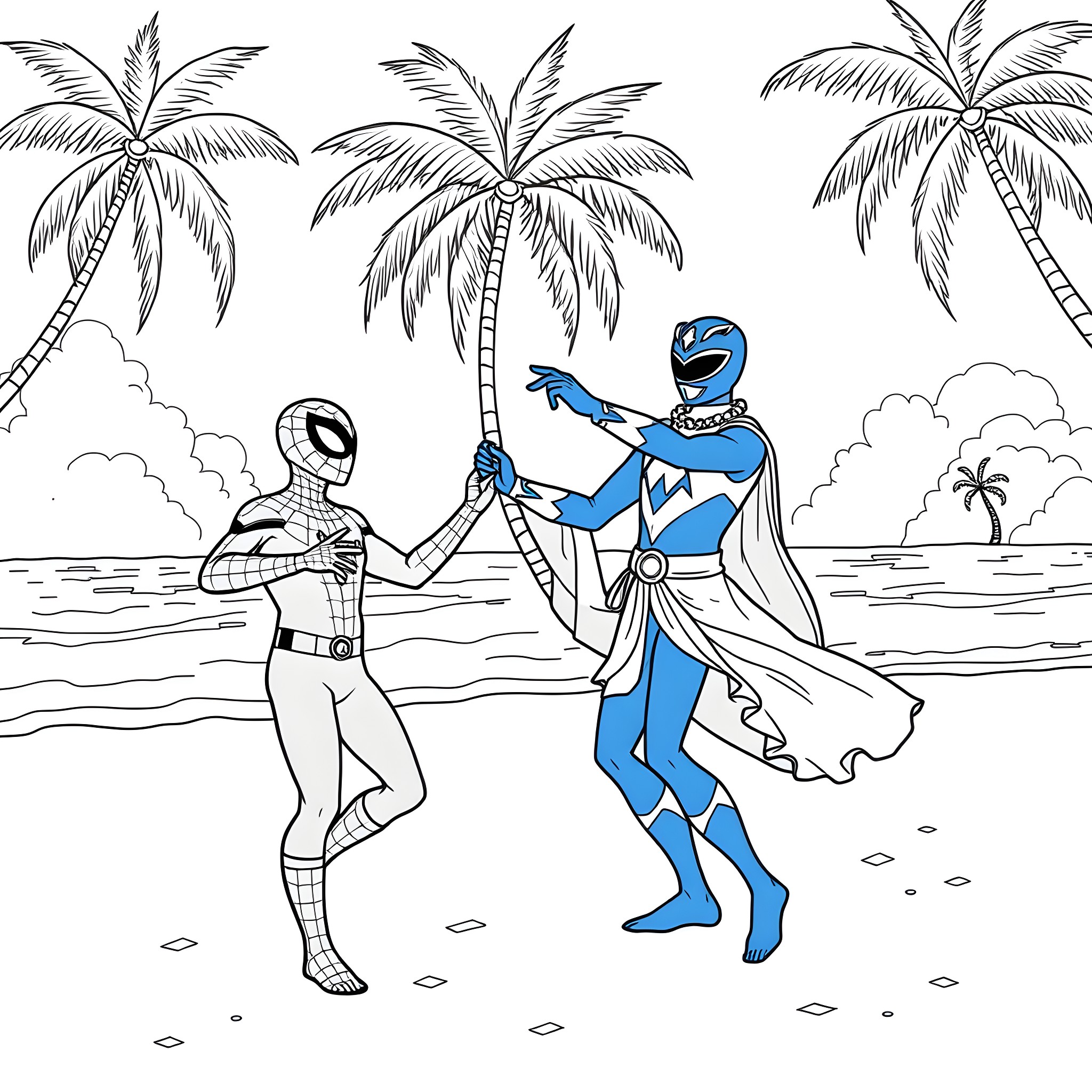 Spiderman and Blue Power Ranger team up on tropical beach Coloring Page (free black-and-white line drawing printable PDF for all, from beginners to advanced learners, including children, teens, adults, and seniors)