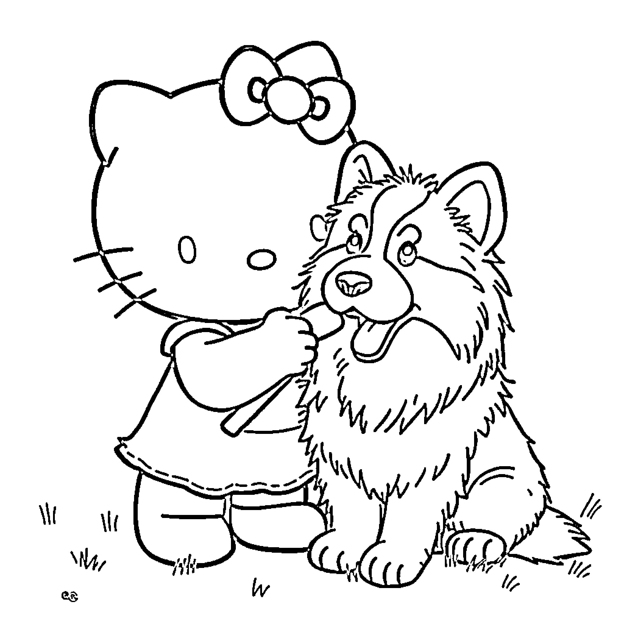 Hello Kitty playing with a puppy in the park Coloring Page (free black-and-white line drawing printable PDF for all, from beginners to advanced learners, including children, teens, adults, and seniors)