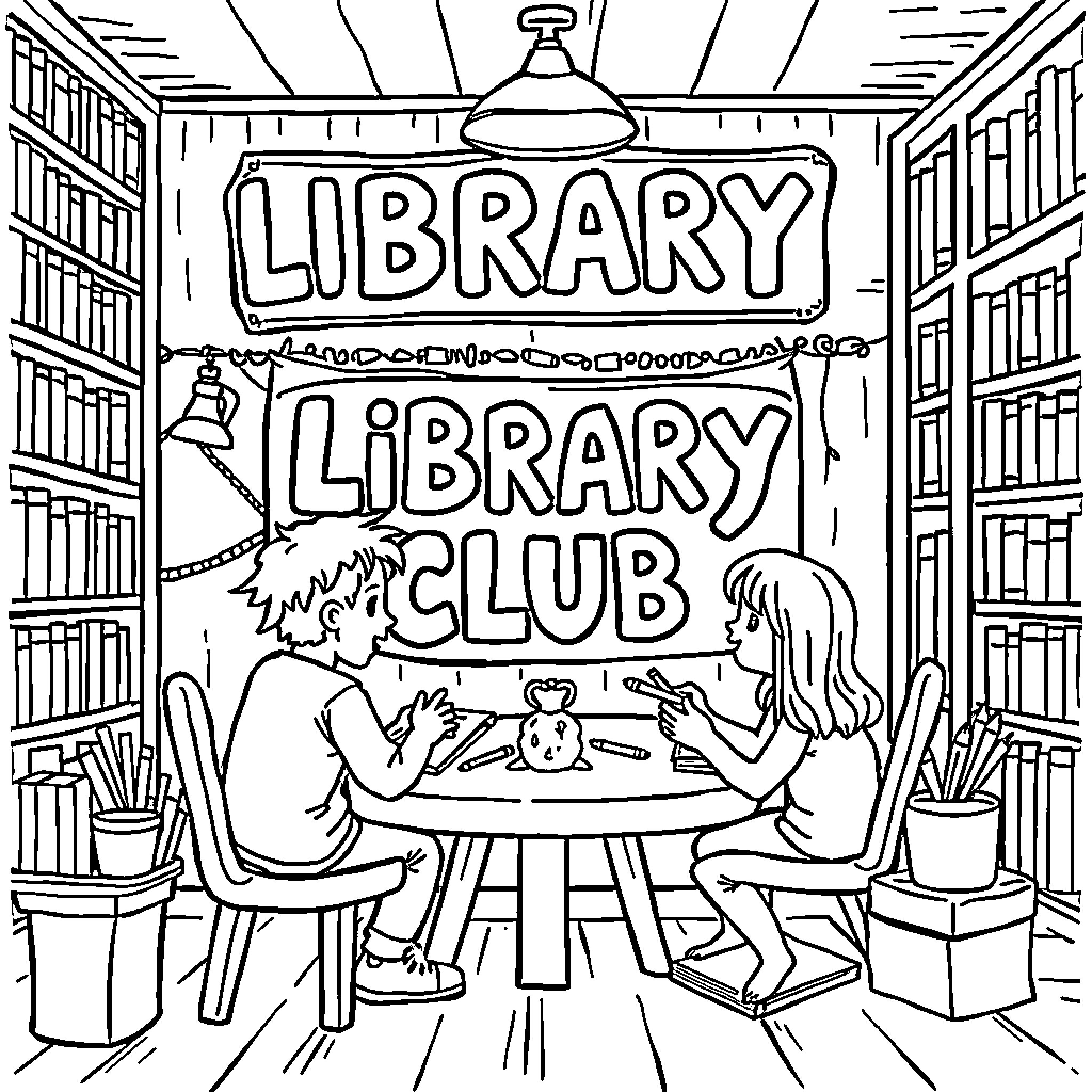 Library Club Members Discussing at the Table Coloring Page (free black-and-white line drawing printable PDF for all, from beginners to advanced learners, including children, teens, adults, and seniors)