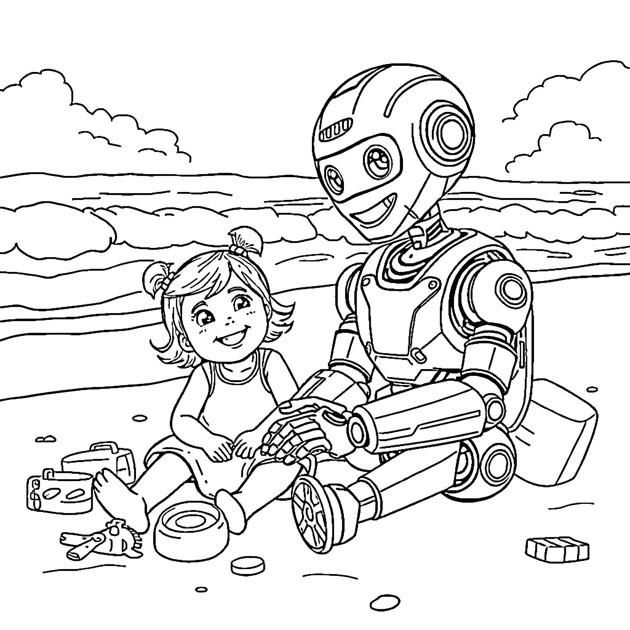 Robot playing happily with child on the beach Coloring Page (free black-and-white line drawing printable PDF for all, from beginners to advanced learners, including children, teens, adults, and seniors)