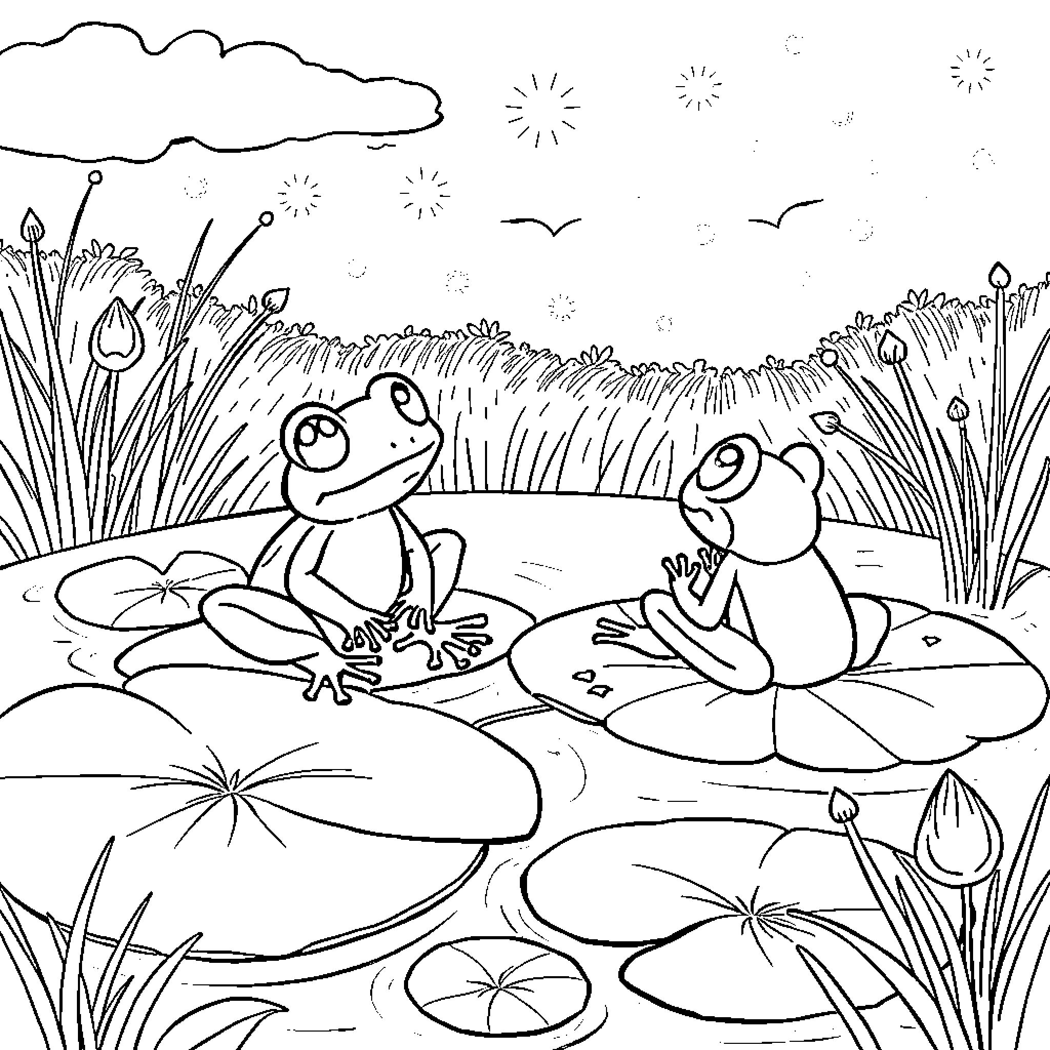 Frogs relaxing on lily pads in the pond Coloring Page (free black-and-white line drawing printable PDF for all, from beginners to advanced learners, including children, teens, adults, and seniors)